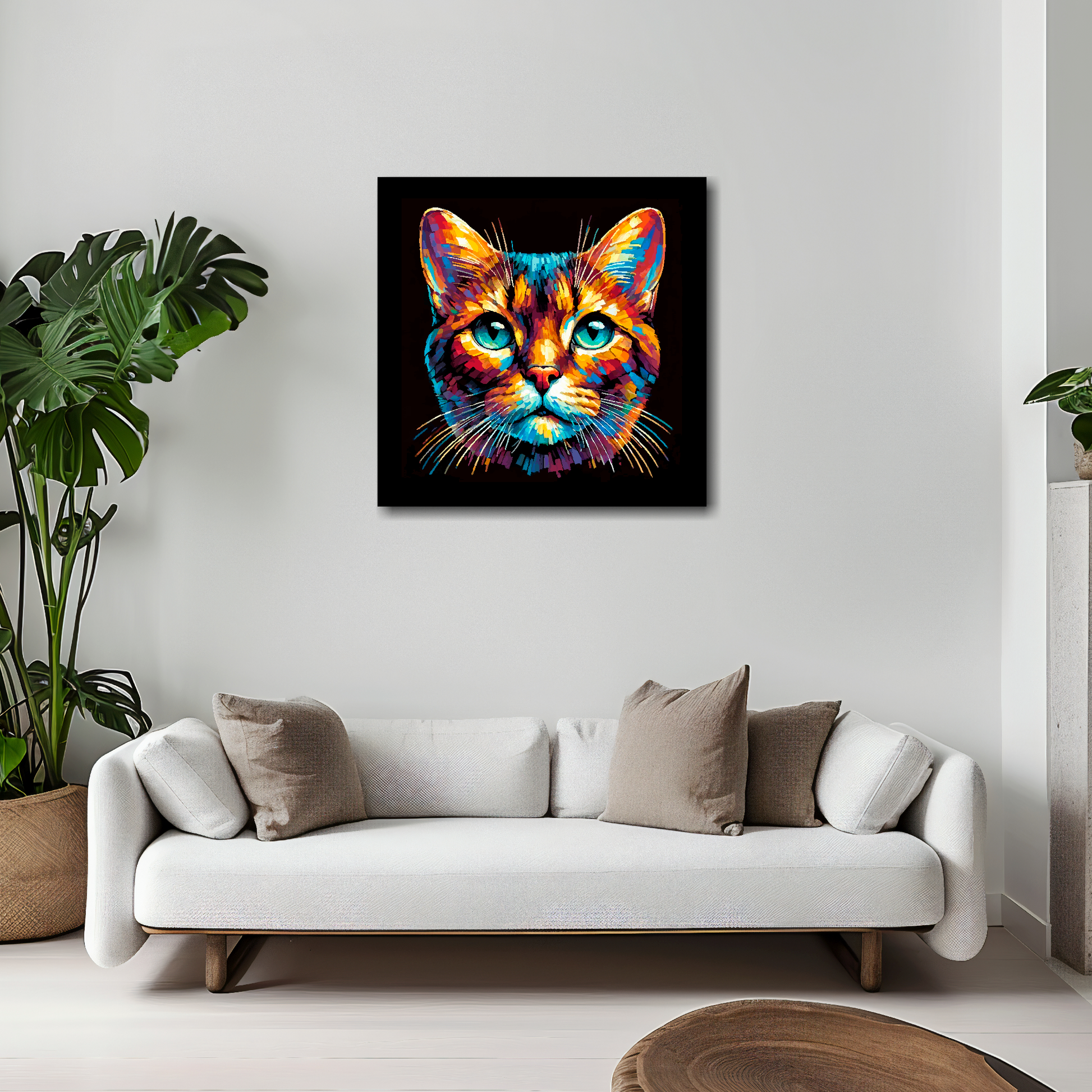 20 inch by 20 inch square canvas of a colourful Havana Brown cat head portrait on a black background. Mounted on a white wall above a white sofa with decorative pillows.