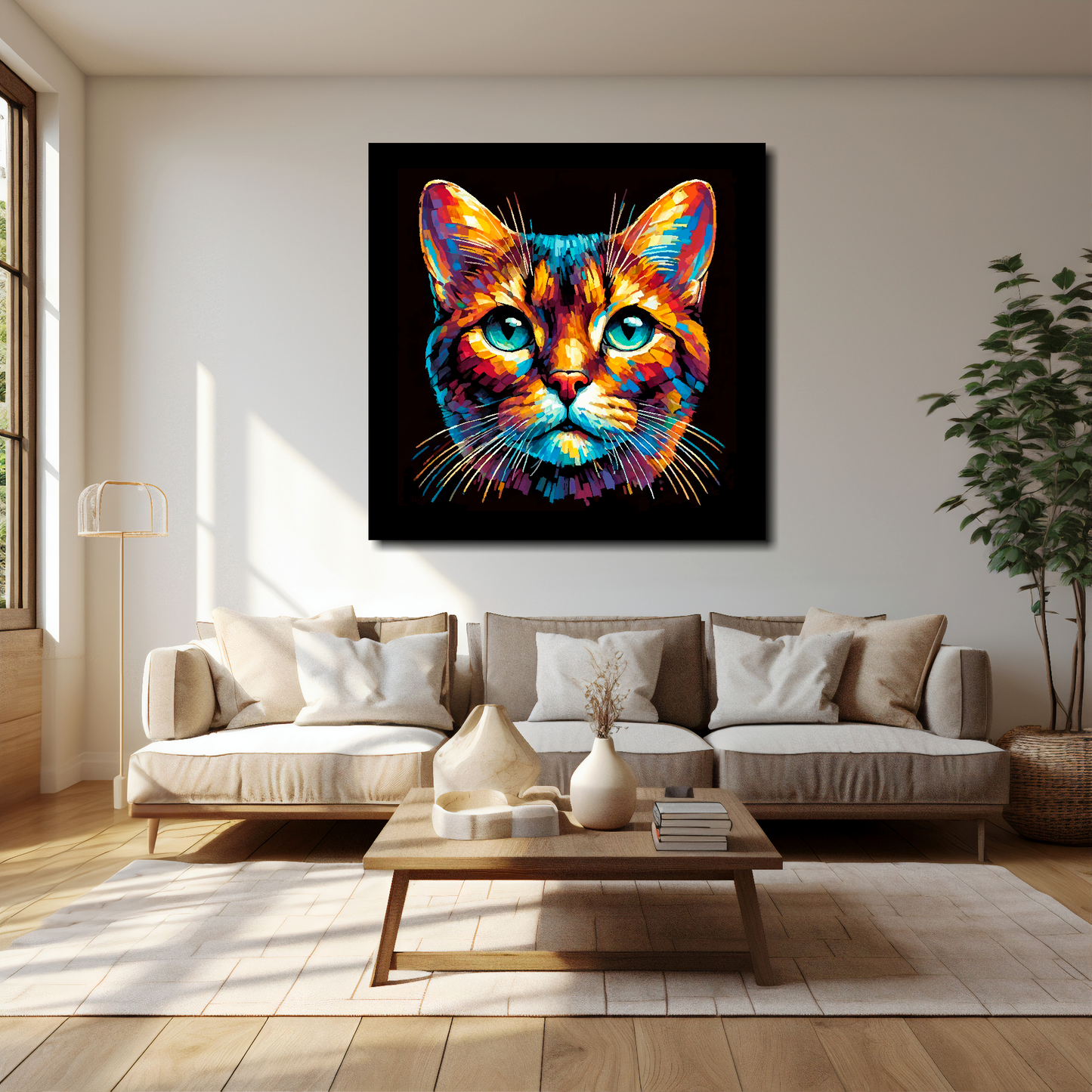 40 inch by 40 inch square canvas of a colourful Havana Brown cat head portrait on a black background. Mounted on a white wall above a cream sofa with decorative pillows.