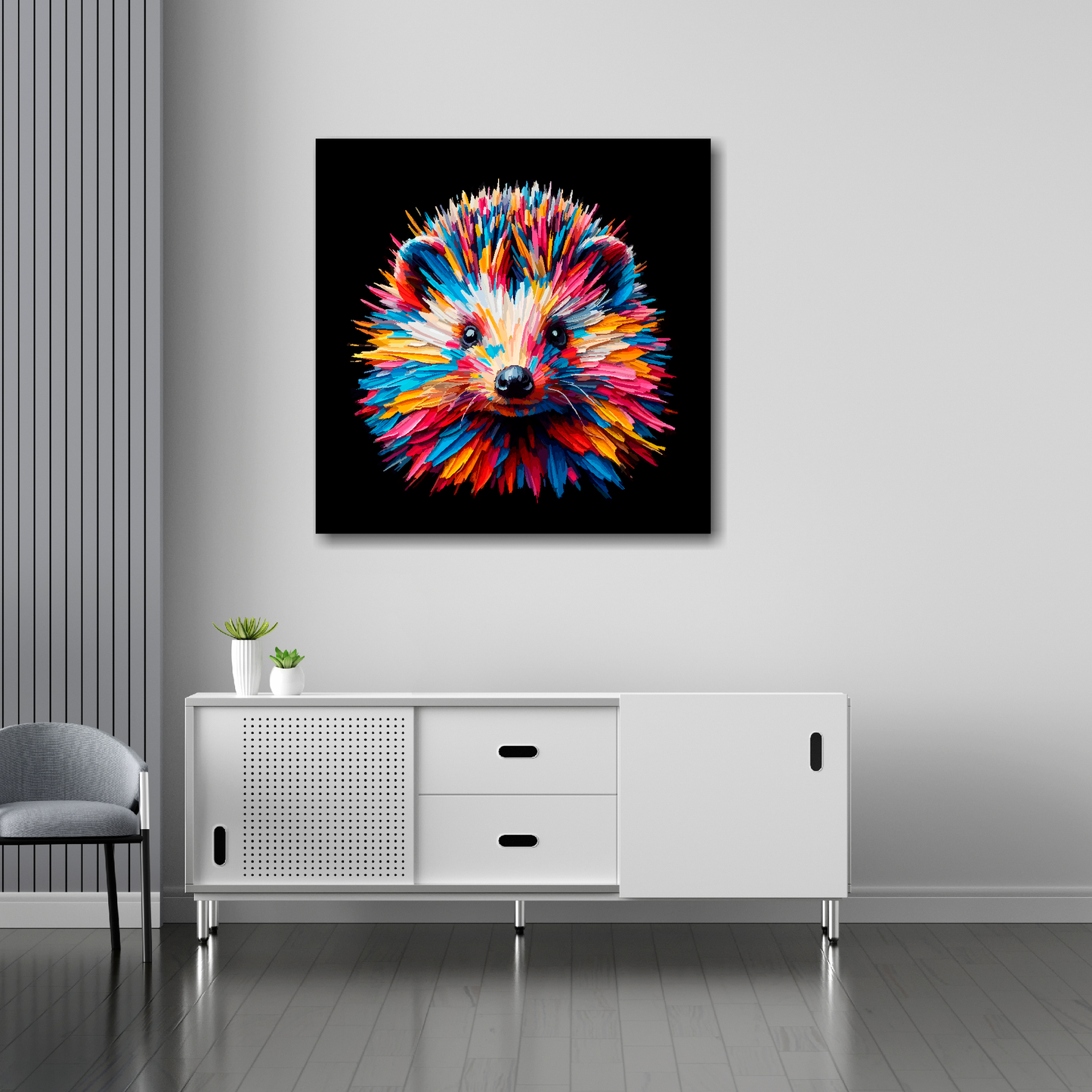 30 inch by 30 inch square canvas of a colouful Hedgehog Portrait on a black background. Mounted on a white wall above a white sideboard.