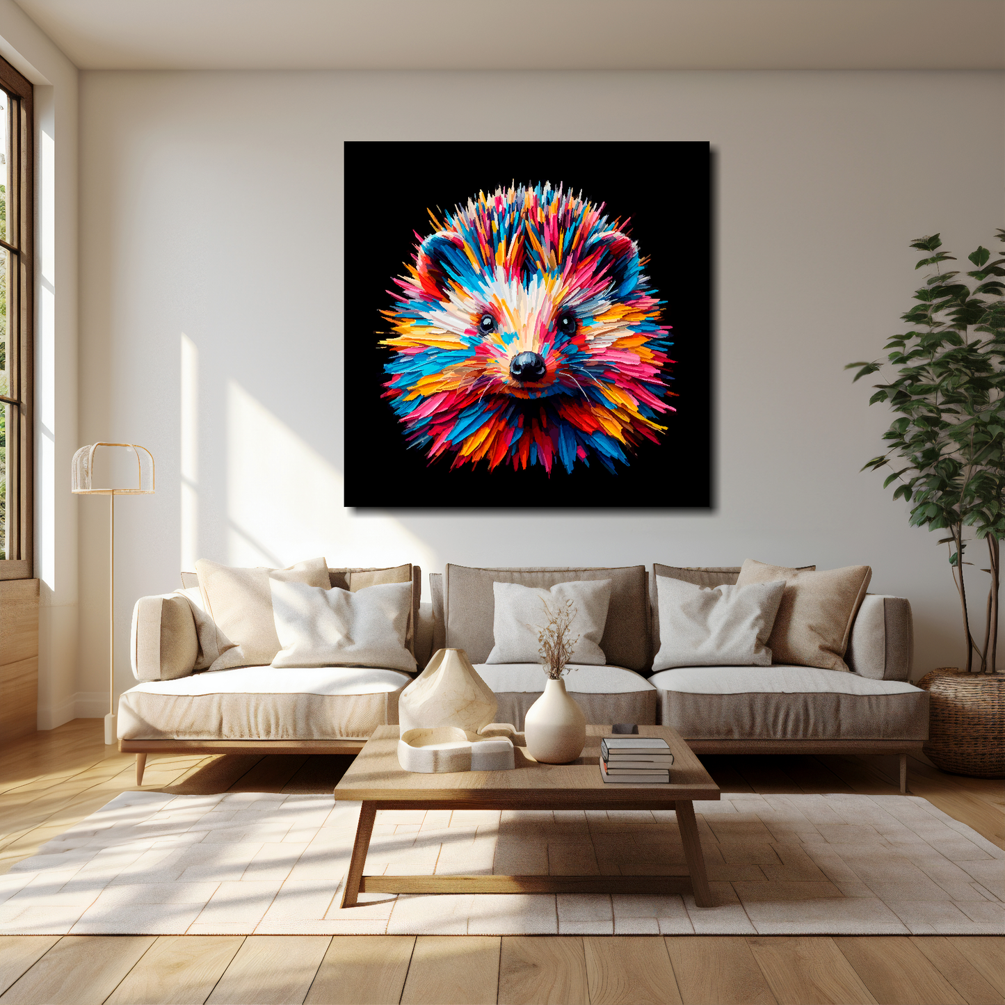 40 inch by 40 inch square canvas of a colouful Hedgehog Portrait on a black background. Mounted on a white wall above a cream sofa with decorative pillows.