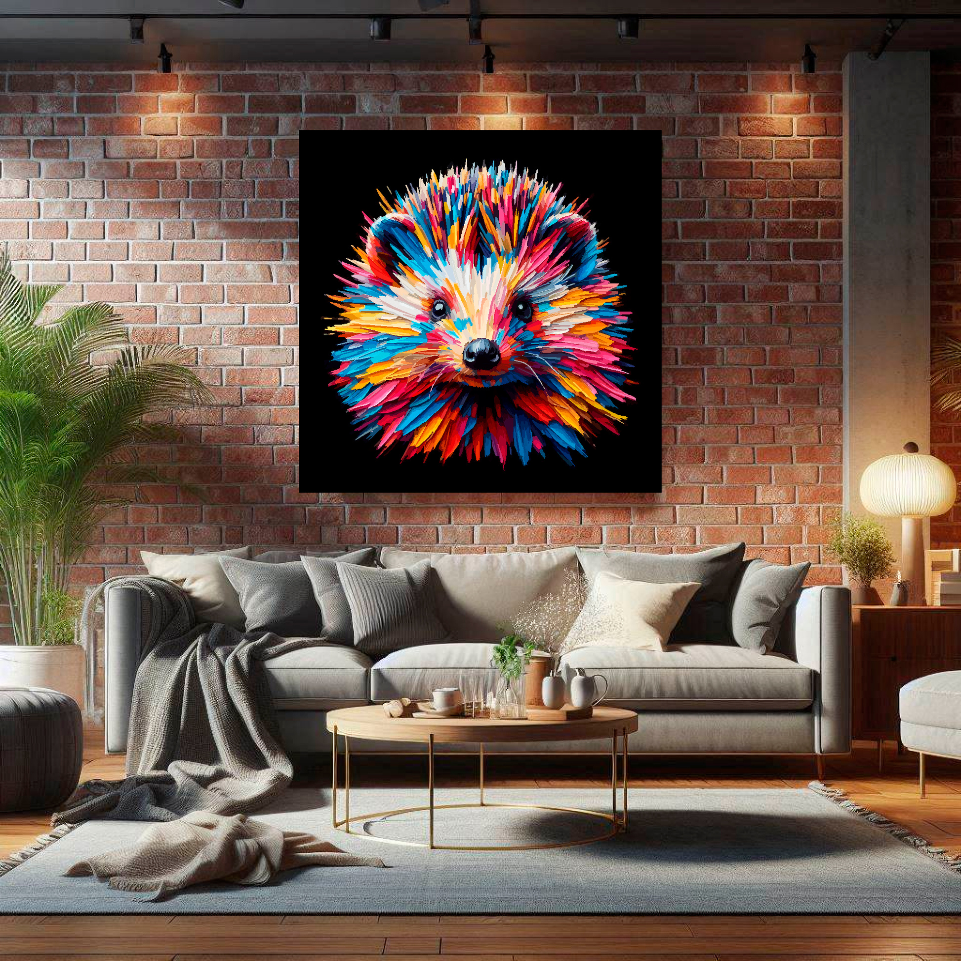 Large canvas wall art - A vibrant multi-coloured head portrait of a Hedgehog. Available in 3 large sizes.