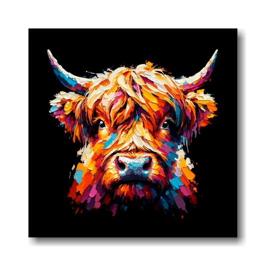 Large canvas wall art - Colourful Highland Cow portrait on a black background. Available in 3 large sizes.