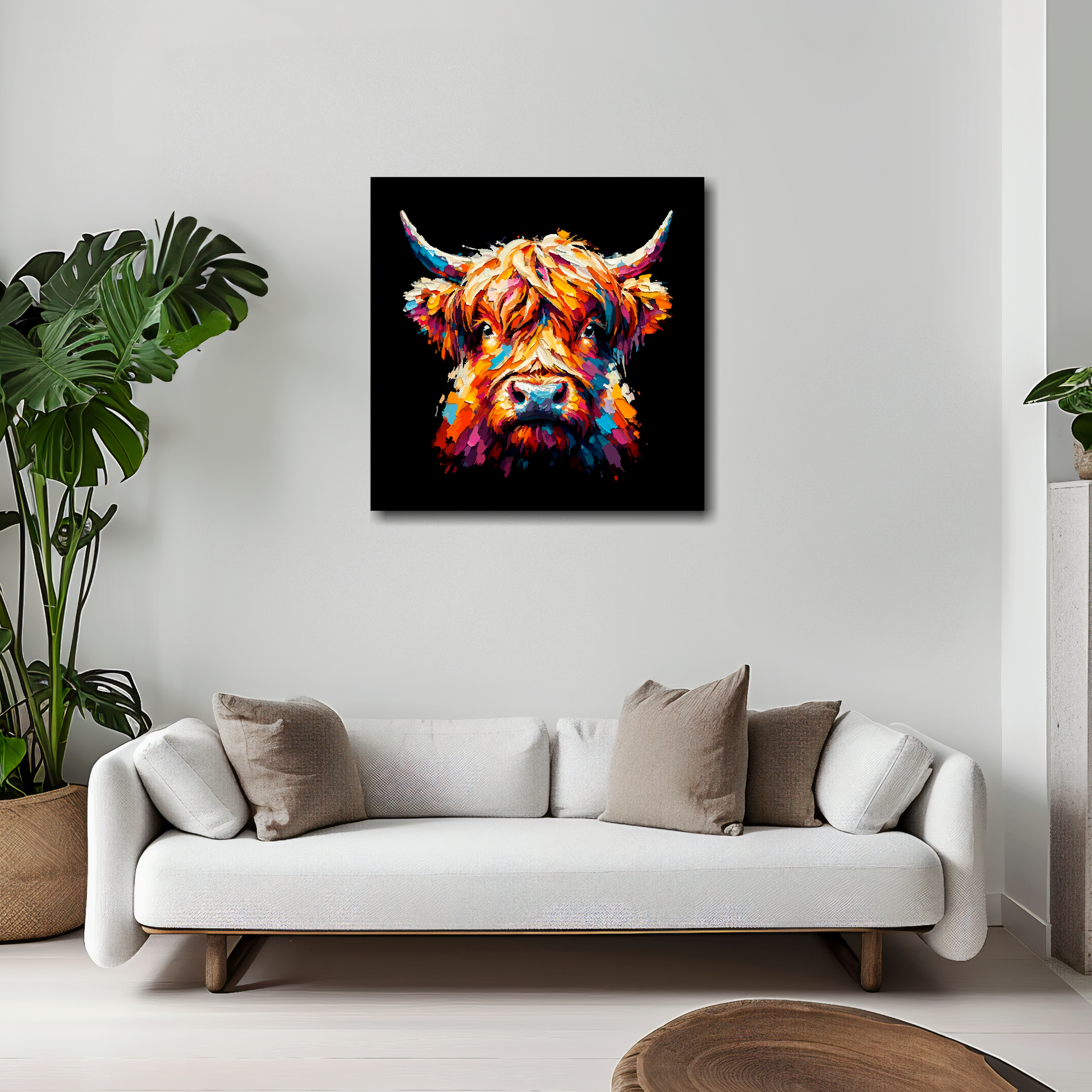 20 inch by 20 inch square canvas of a colouful Highland Cow head portrait on a black background. Mounted on a white wall above a white sofa with decorative pillows.