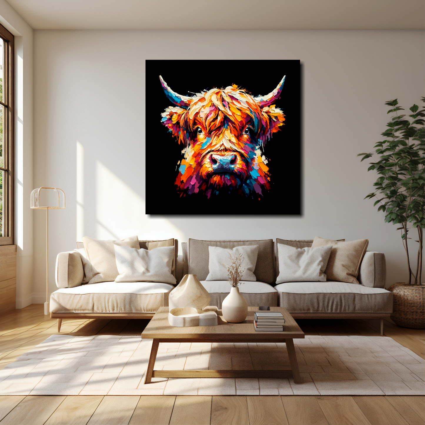 40 inch by 40 inch square canvas of a colouful Highland Cow head portrait on a black background. Mounted on a white wall above a cream sofa with decorative pillows.