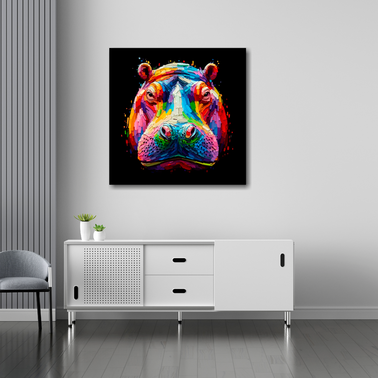 30 inch by 30 inch square canvas of a colouful Hippo head portrait on a black background. Mounted on a white wall above a white sideboard.