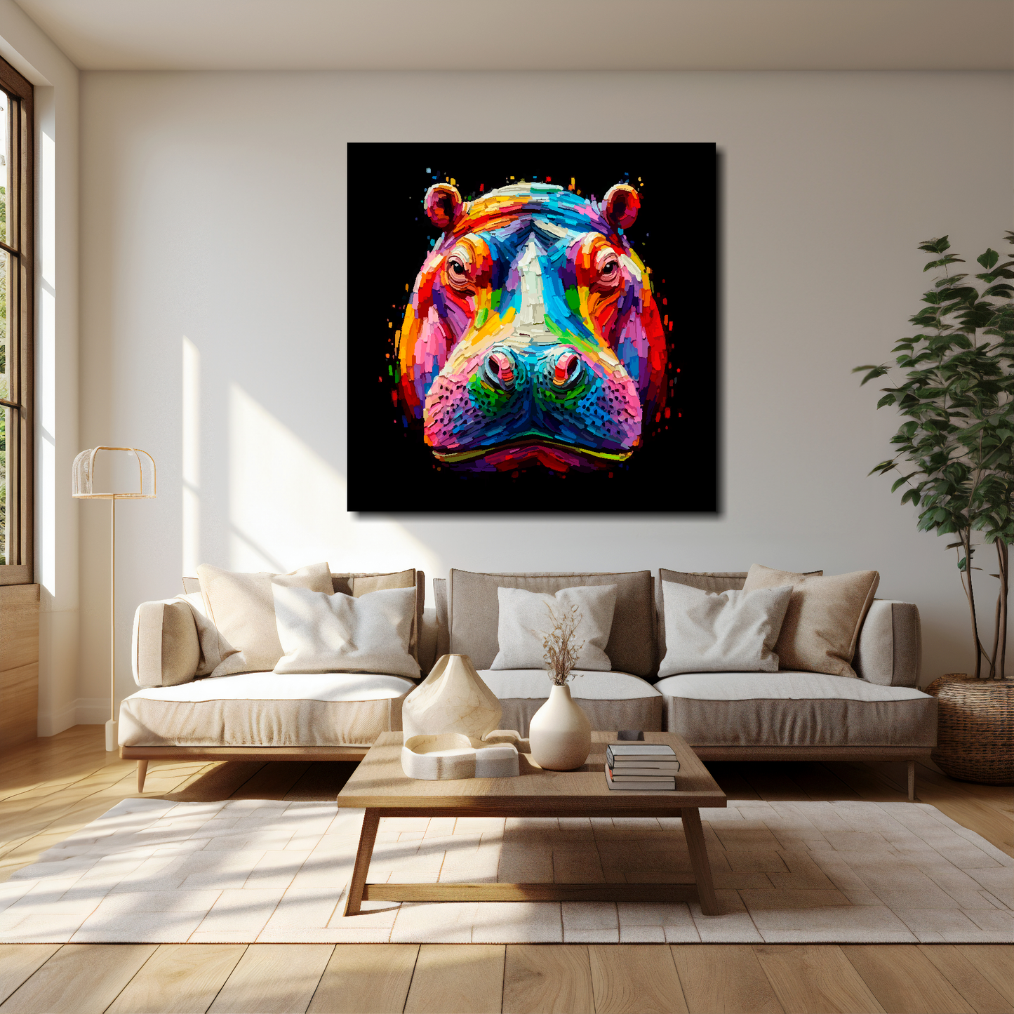 40 inch by 40 inch square canvas of a colouful Hippo head portrait on a black background. Mounted on a white wall above a cream sofa with decorative pillows.