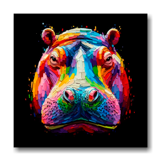 Large canvas wall art - A vibrant multi-coloured head portrait of a Hippo. Available in 3 large sizes.