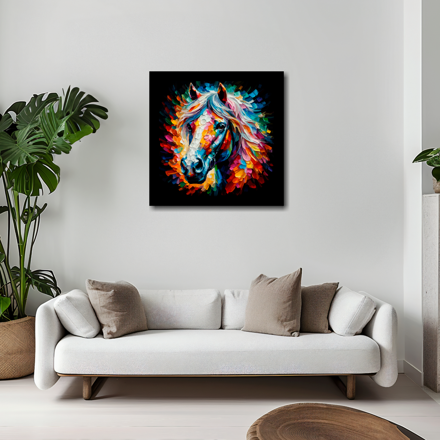 20 inch by 20 inch square canvas of a colouful Horse head portrait on a black background. Mounted on a white wall above a white sofa with decorative pillows.