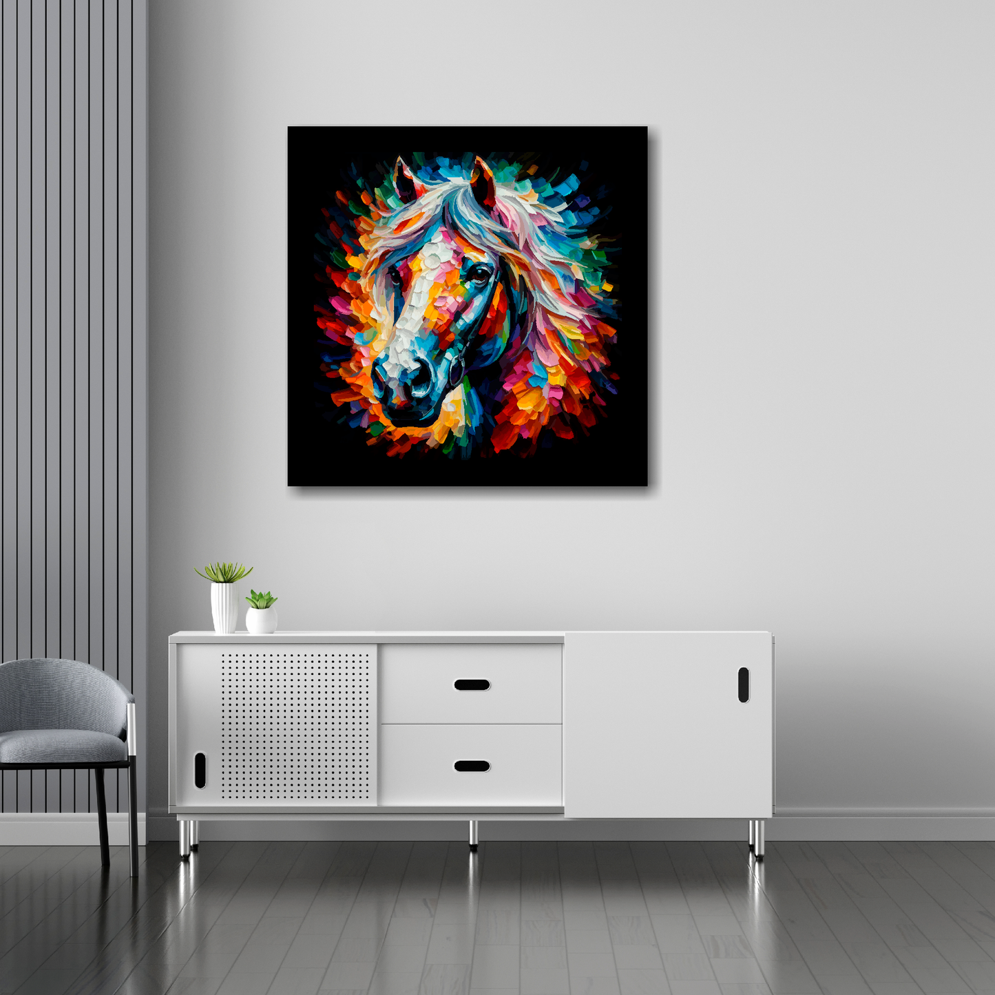 30 inch by 30 inch square canvas of a colouful Horse head portrait on a black background. Mounted on a white wall above a white sideboard.