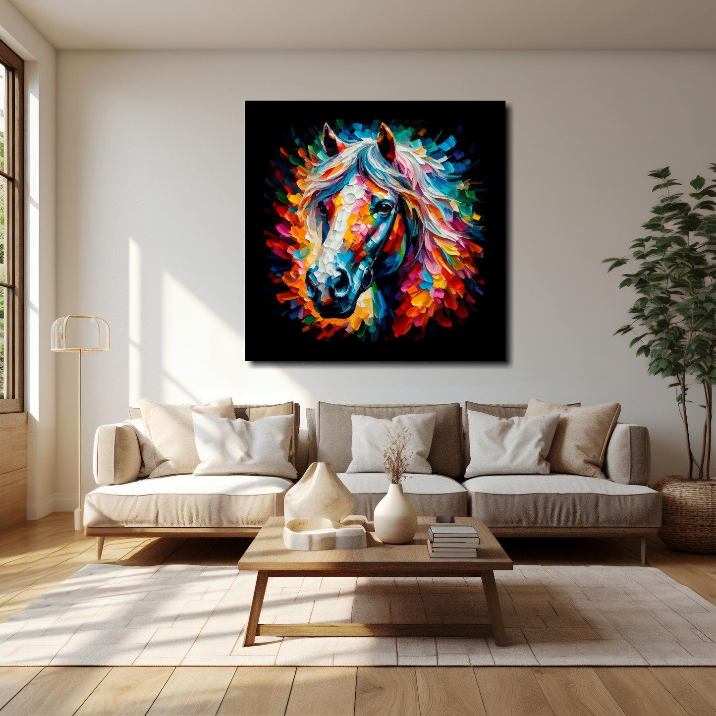 40 inch by 40 inch square canvas of a colouful Horse head portrait on a black background. Mounted on a white wall above a cream sofa with decorative pillows.
