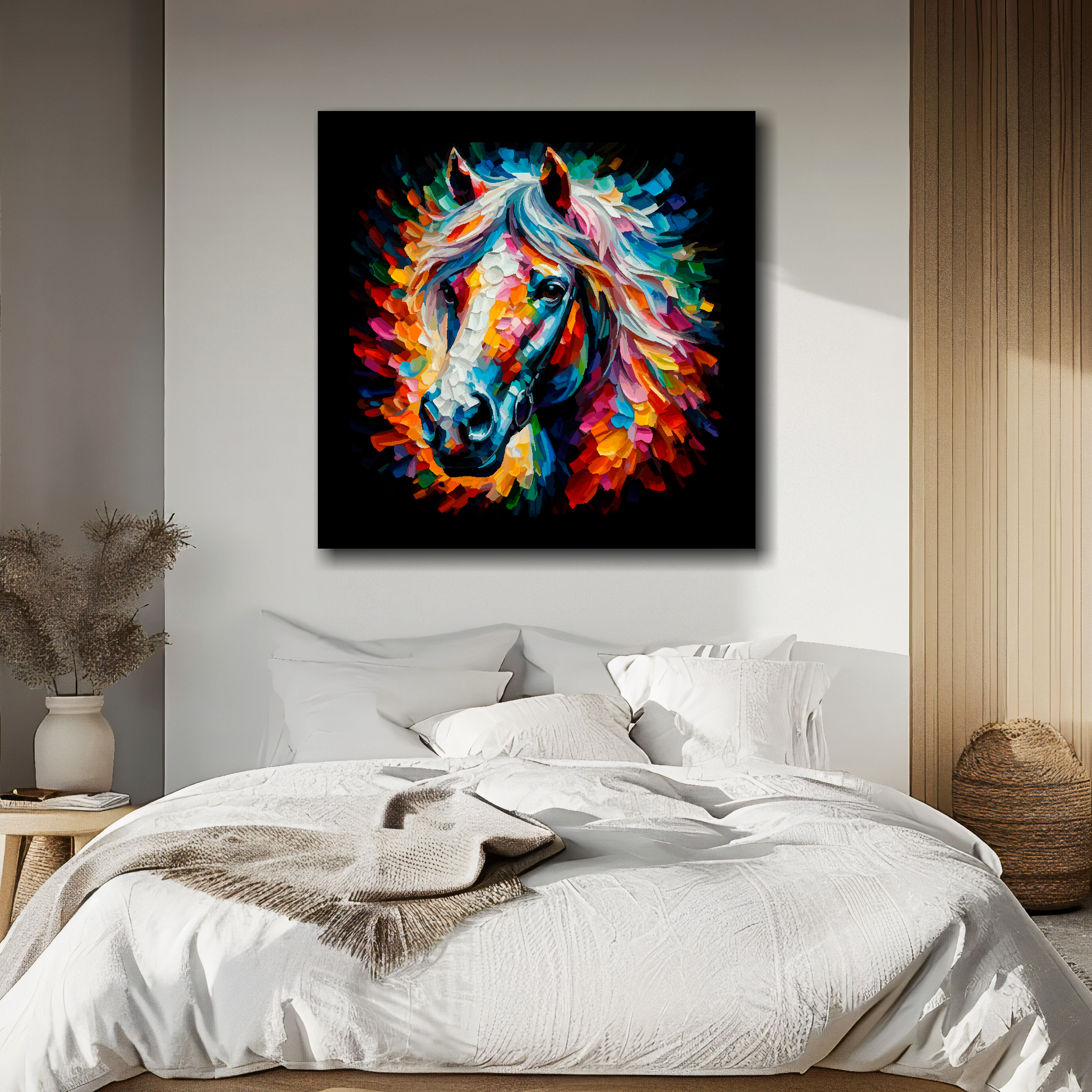 Large canvas wall art - Colourful Horse portrait on a black background. Available in 3 large sizes.