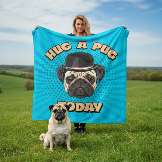 Hug A Pug luxury fleece blanket outdoors showing 150cm x 150cm size and adorable pug design