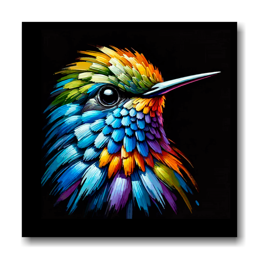 Large canvas wall art - A vibrant multi-coloured head portrait of a Hummingbird. Available in 3 large sizes.