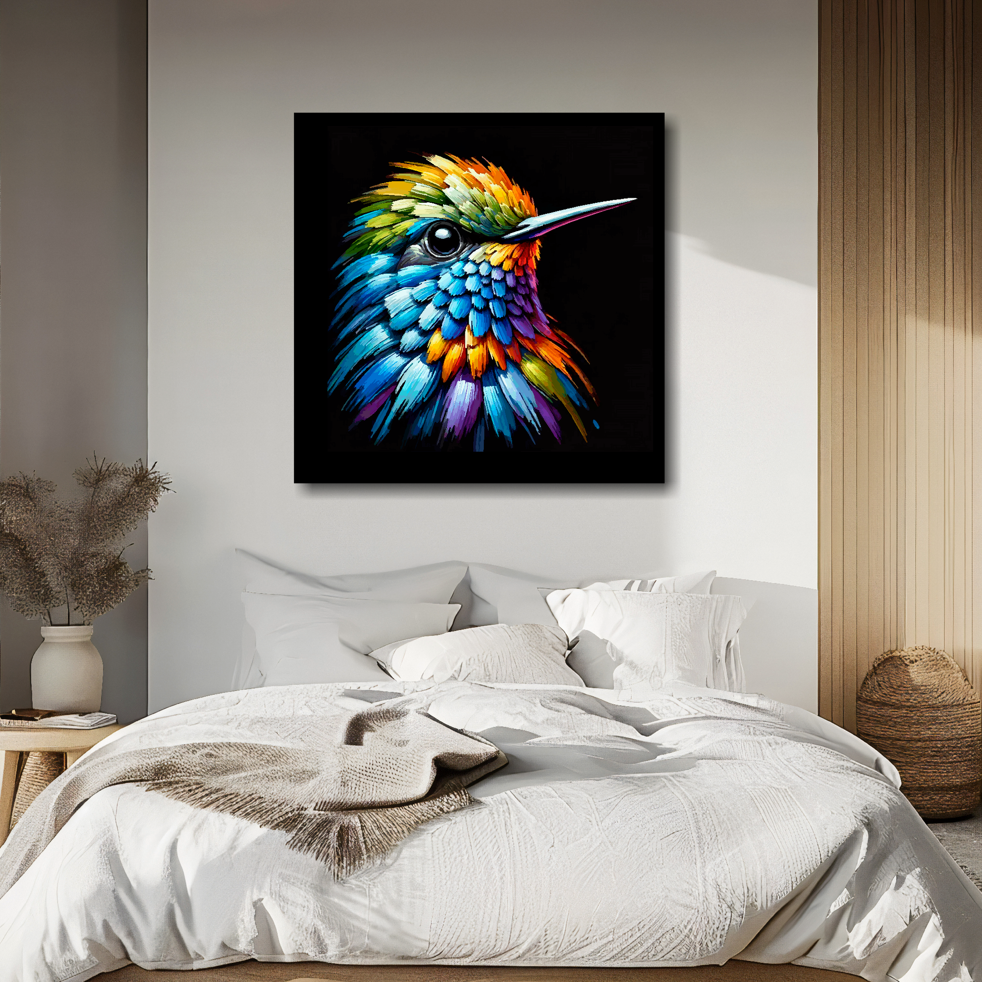 Large canvas wall art - A vibrant multi-coloured head portrait of a Hummingbird. Available in 3 large sizes.