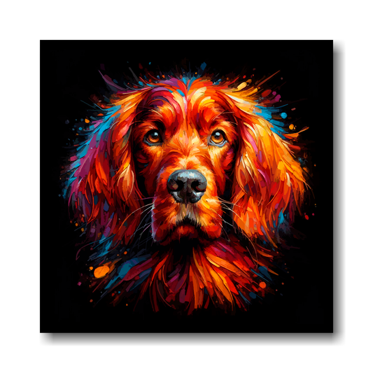 Colourful painting of a Irish Setter on a black background