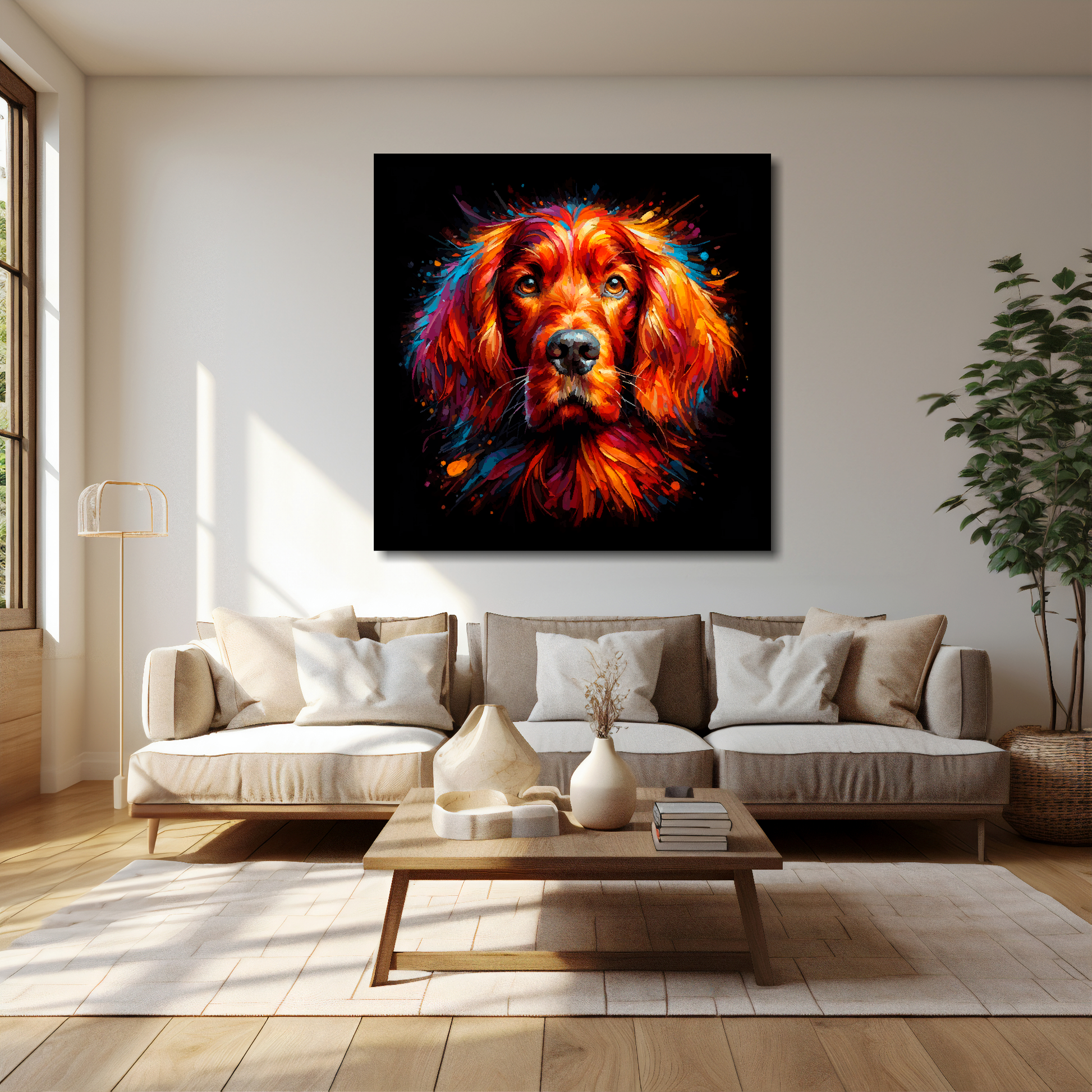 40 inch by 40 inch square canvas featuring a multi-coloured Irish Setter dog portrait. Mounted on a cream wall above a cream sofa with decorative pillows.