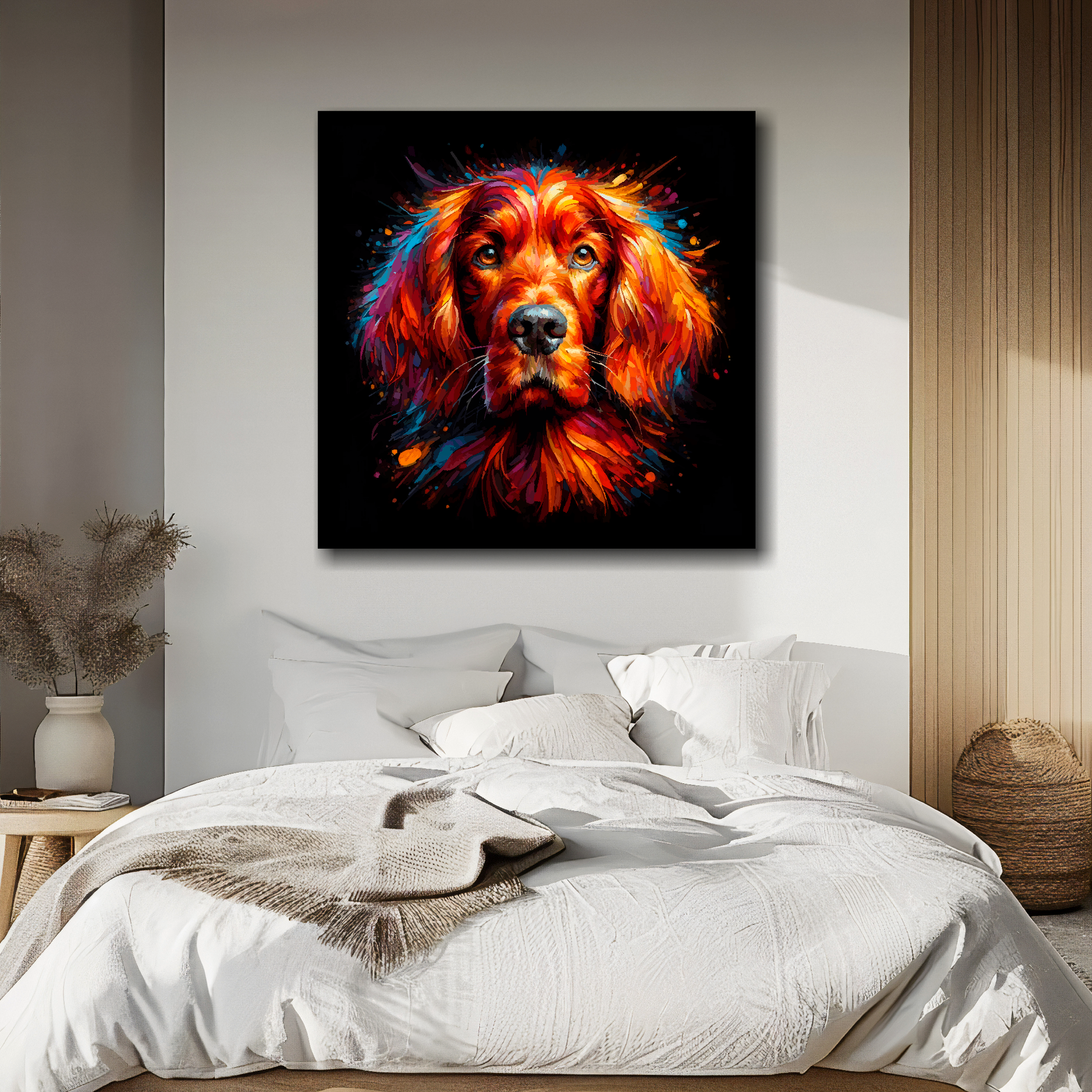 Square canvas featuring a multi-coloured Irish Setter dog portrait. Mounted on a white wall above a double bed.