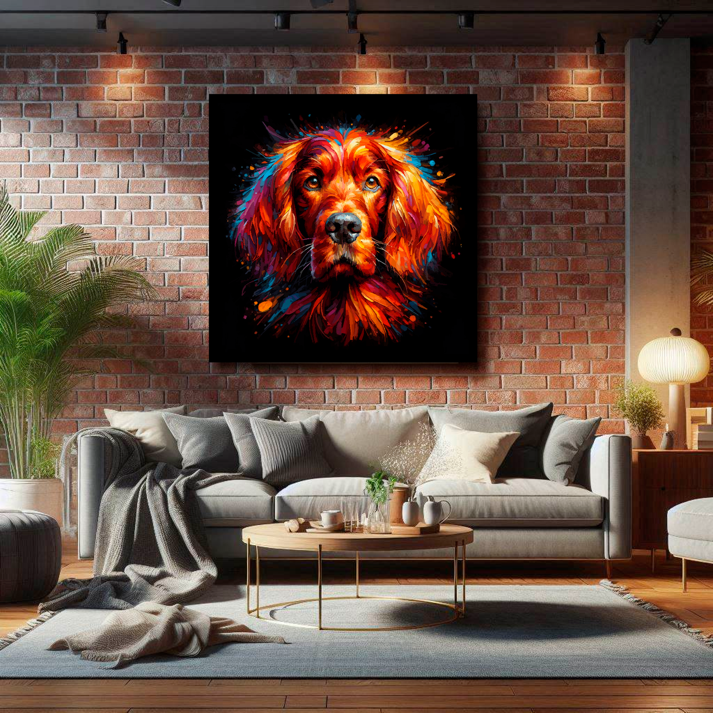 Large square canvas featuring a multi-coloured Irish Setter dog portrait. Mounted on a brick wall above a grey sofa with decorative pillows.