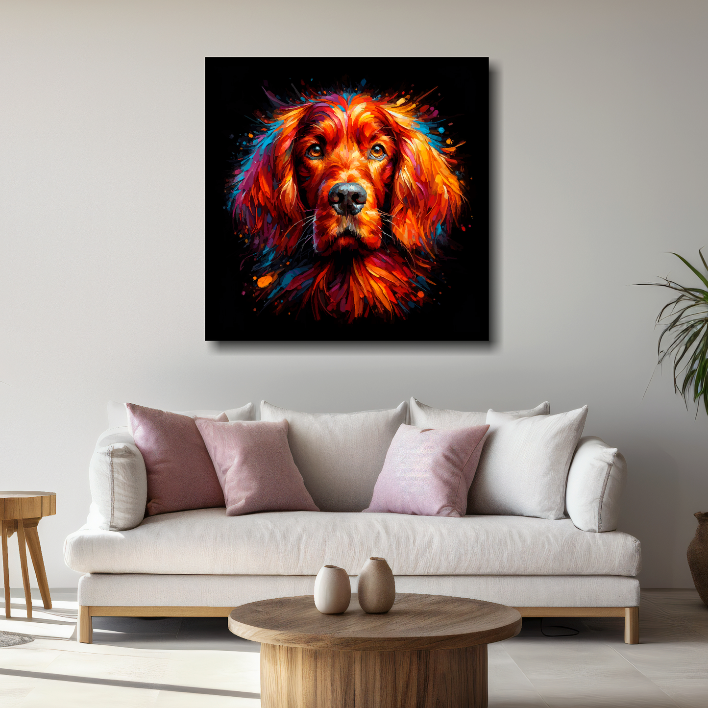Large square canvas featuring a multi-coloured Irish Setter dog portrait. Mounted on a white wall above a white sofa with decorative pillows.