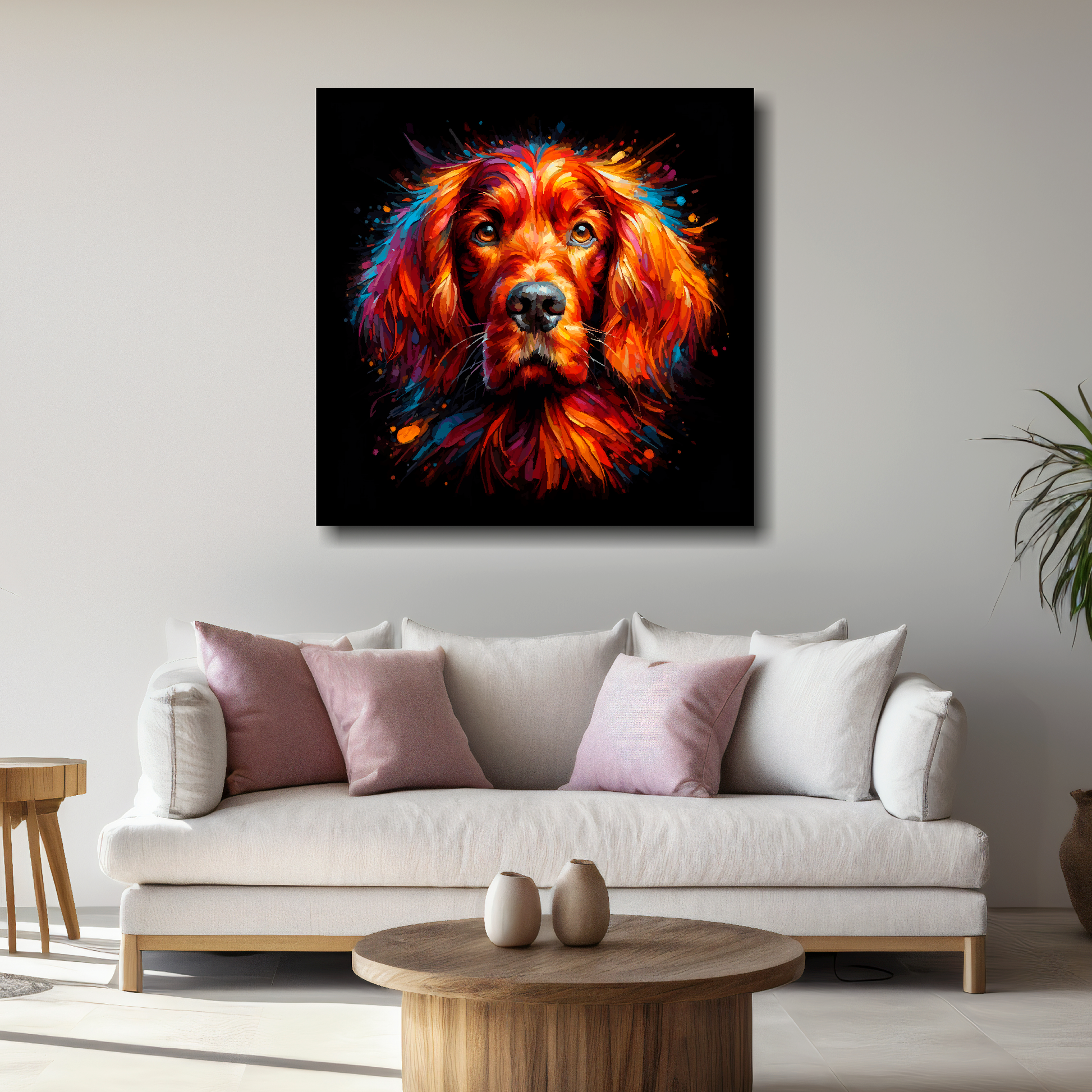 Large square canvas featuring a multi-coloured Irish Setter dog portrait. Mounted on a white wall above a white sofa with decorative pillows.