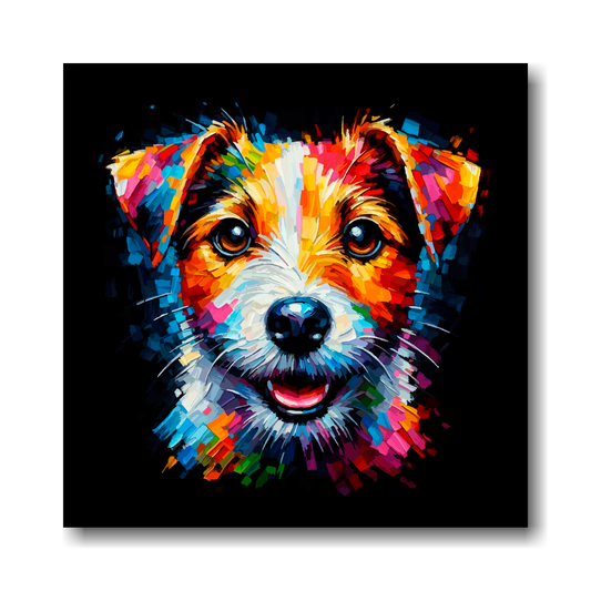 Colourful abstract painting of a Jack Russell Terrier on a black background.