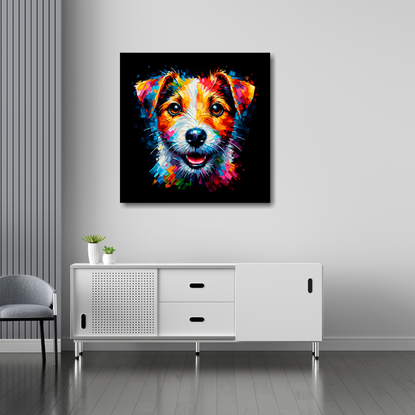 30 inch by 30 inch square canvas featuring a multi-coloured Jack Russell Terrier dog portrait. Mounted on a white wall above a white sideboard.
