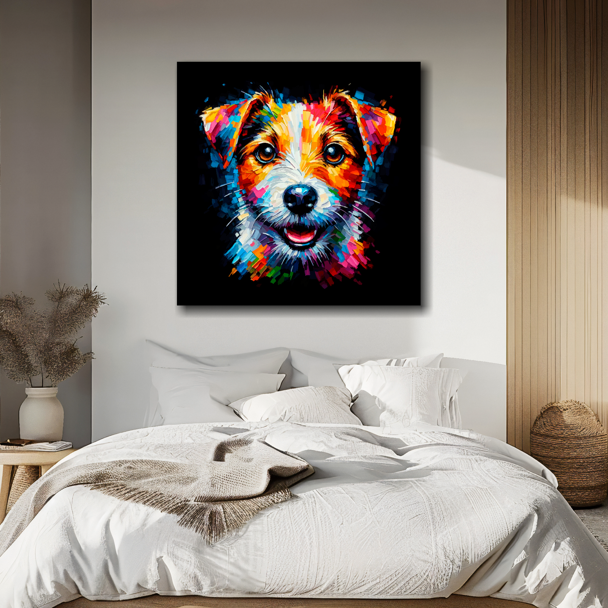 Square canvas featuring a multi-coloured Jack Russell Terrier dog portrait. Mounted on a white wall above a double bed