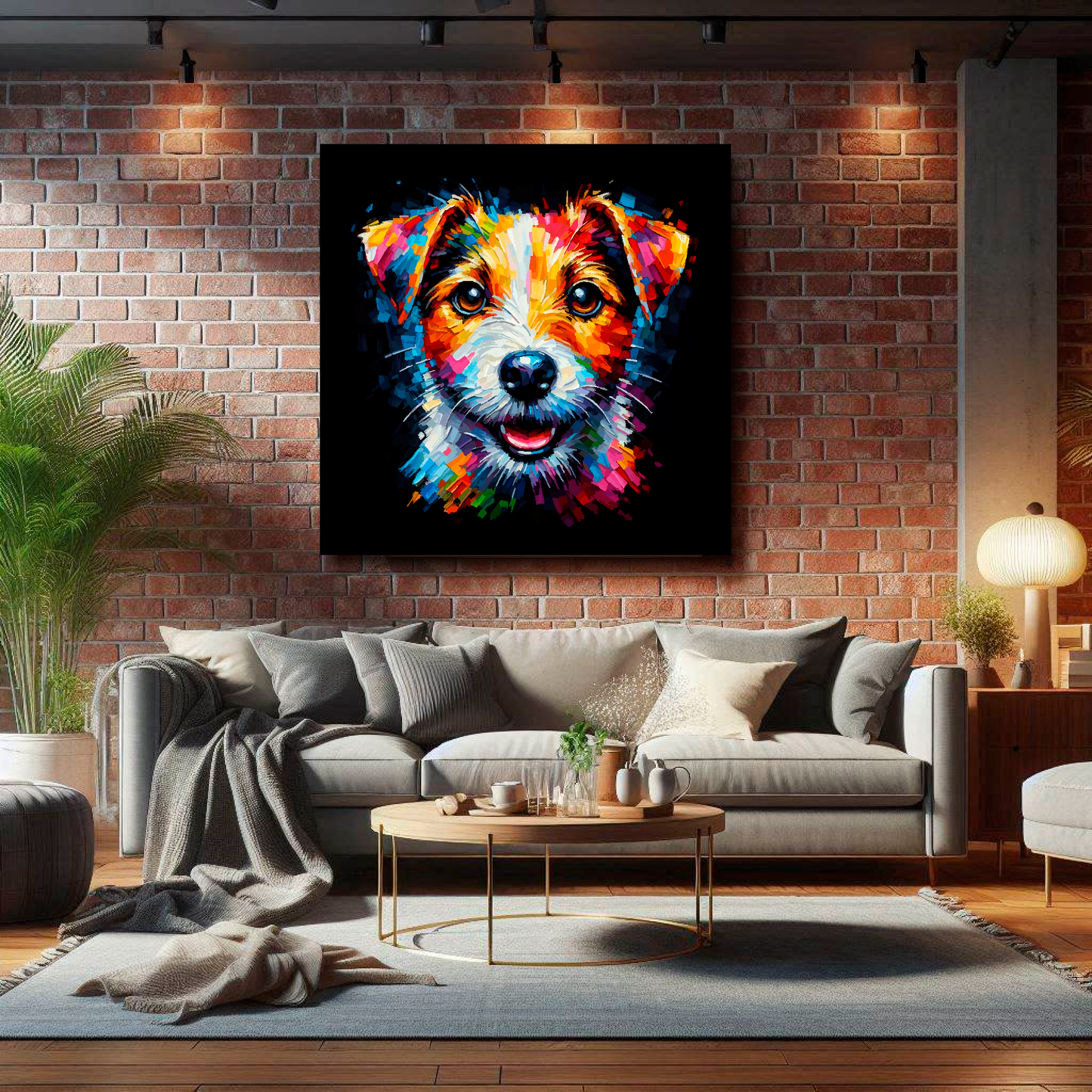 Large square canvas featuring a multi-coloured Jack Russell Terrier dog portrait. Mounted on a brick wall above a grey sofa with decorative pillows.