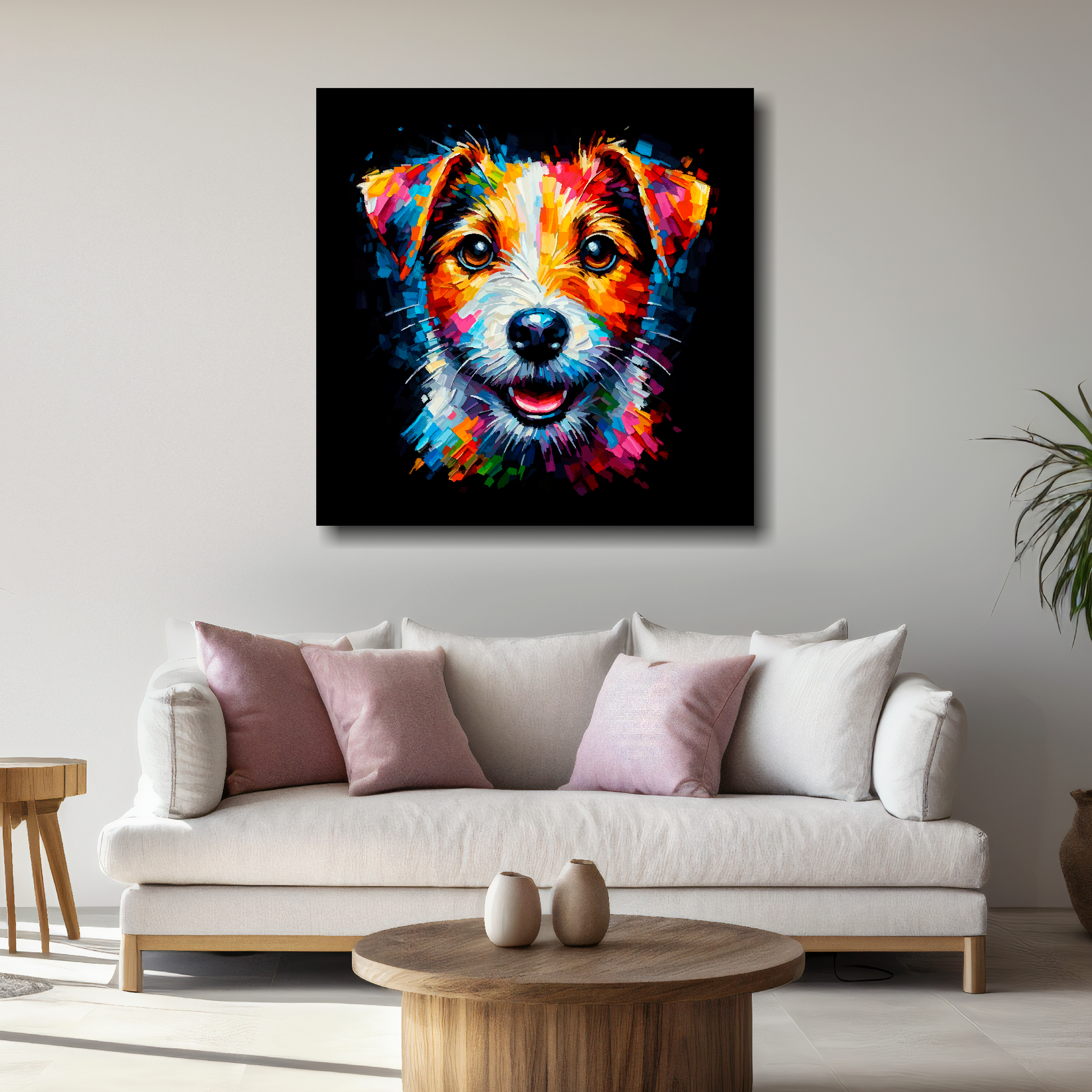Large square canvas featuring a multi-coloured Jack Russell Terrier dog portrait. Mounted on a white wall above a white sofa with decorative pillows.