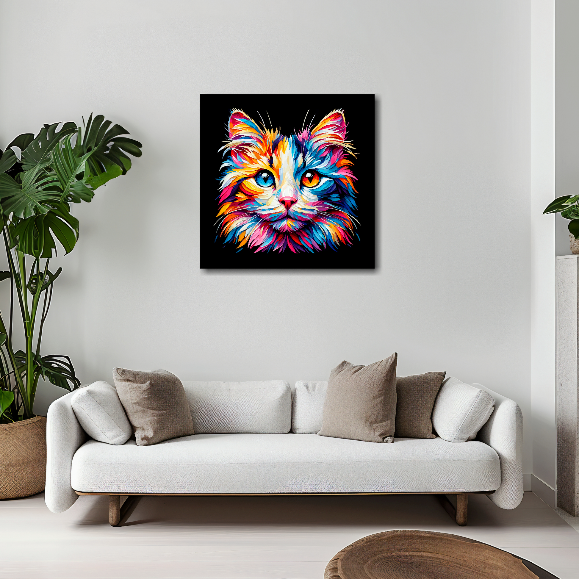 20 inch by 20 inch square canvas of a colourful Japanese Bobtail cat head portrait on a black background. Mounted on a white wall above a white sofa with decorative pillows.