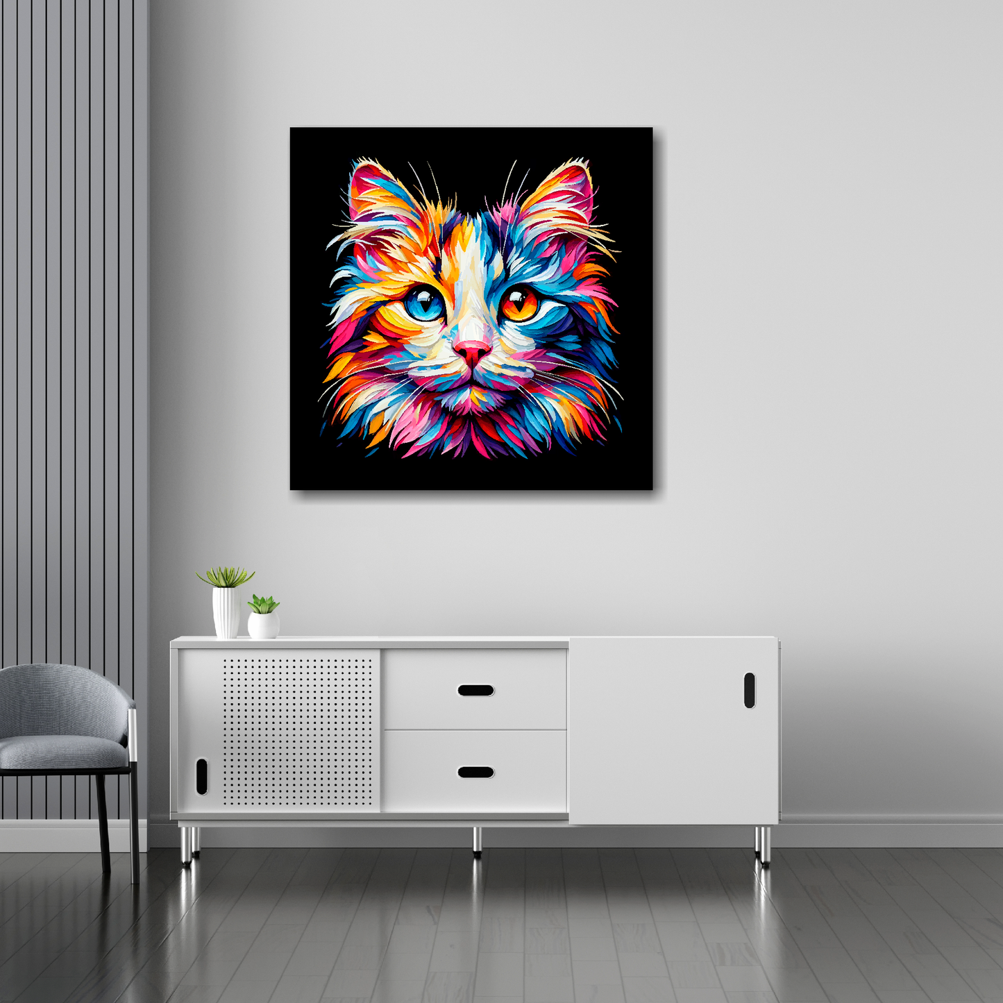 30 inch by 30 inch square canvas of a colourful Japanese Bobtail cat head portrait on a black background. Mounted on a white wall above a white sideboard.