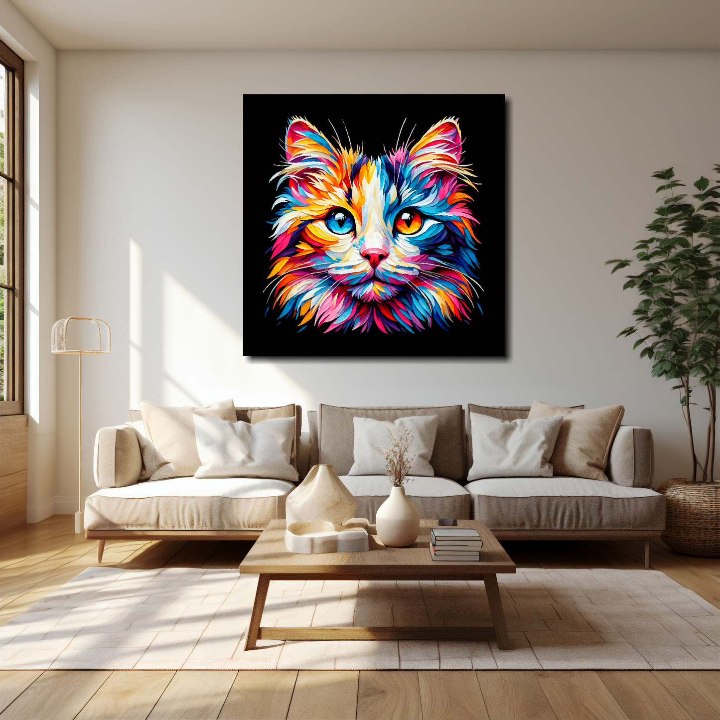 40 inch by 40 inch square canvas of a colourful Japanese Bobtail cat head portrait on a black background. Mounted on a white wall above a cream sofa with decorative pillows.