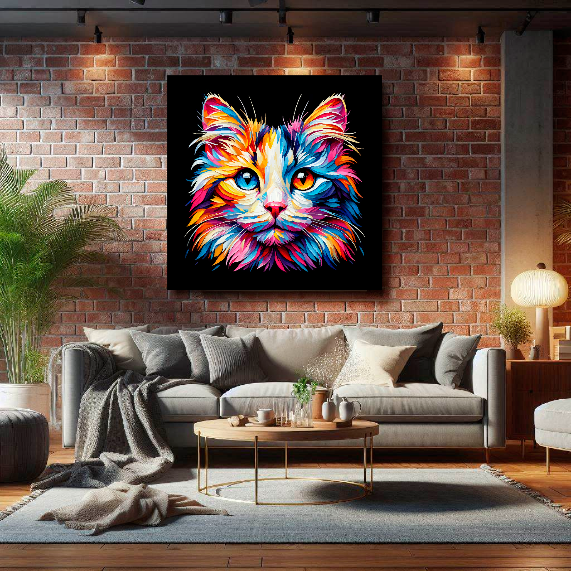 Large canvas wall art - A vibrant multi-coloured head portrait of a Japanese Bobtail Cat. Available in 3 large sizes.