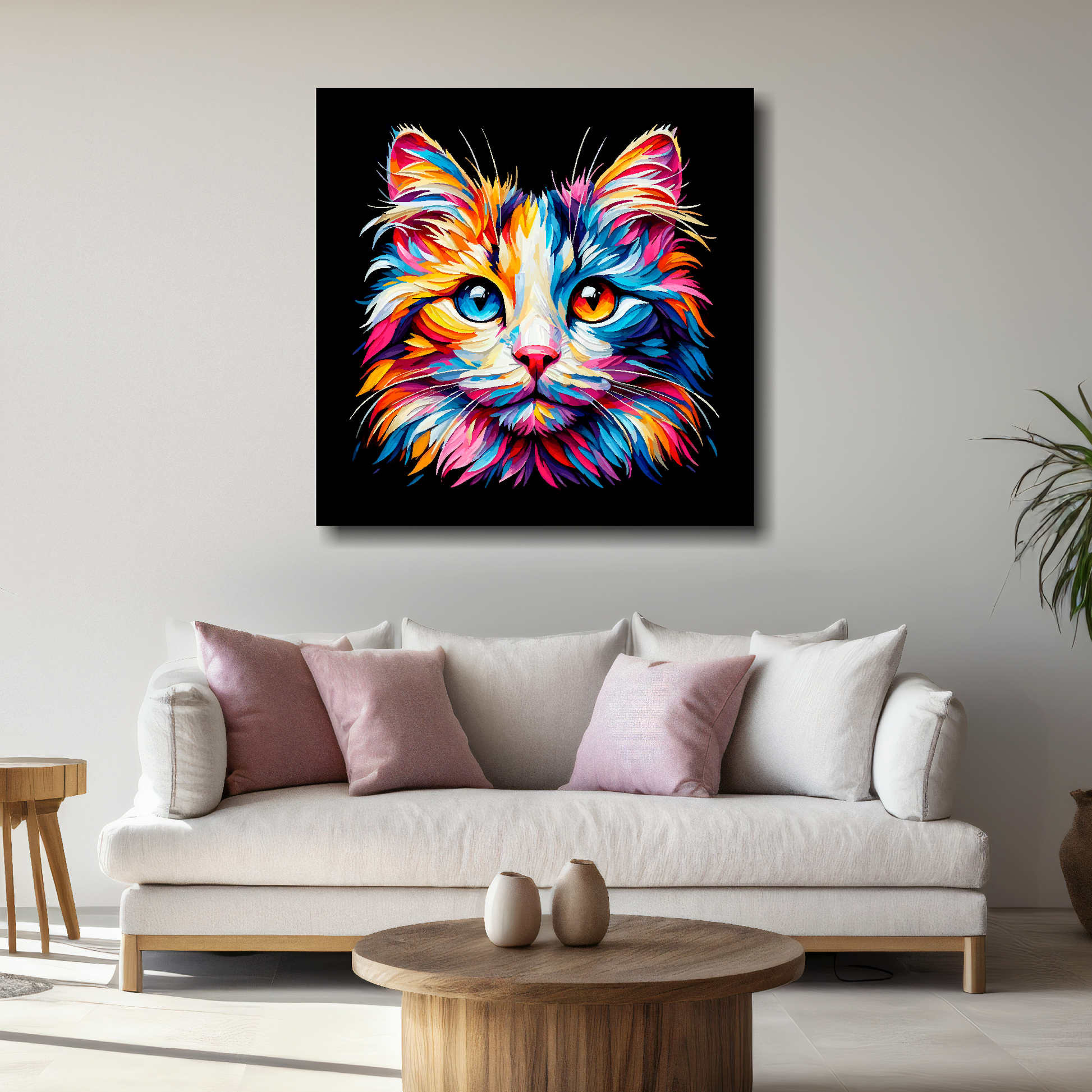Large canvas wall art - A vibrant multi-coloured head portrait of a Japanese Bobtail Cat. Available in 3 large sizes.