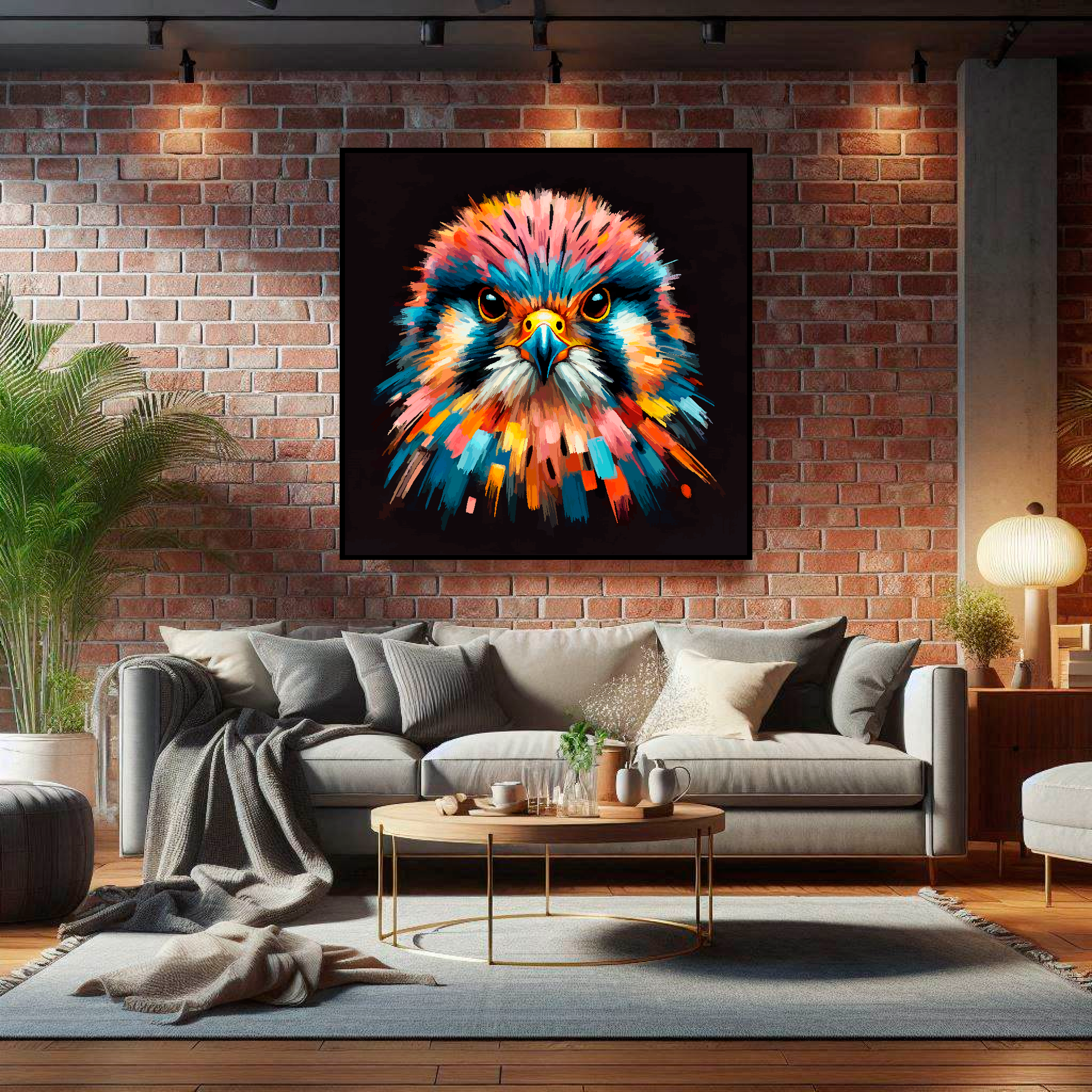 Large canvas wall art - A vibrant multi-coloured head portrait of a Kestral. Available in 3 large sizes.