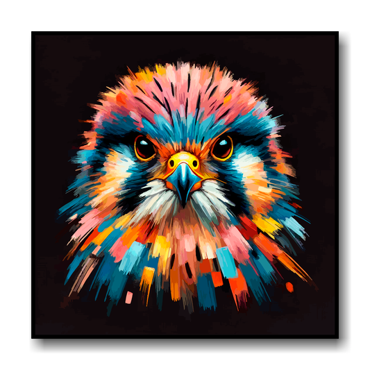 Large canvas wall art - A vibrant multi-coloured head portrait of a Kestral. Available in 3 large sizes.
