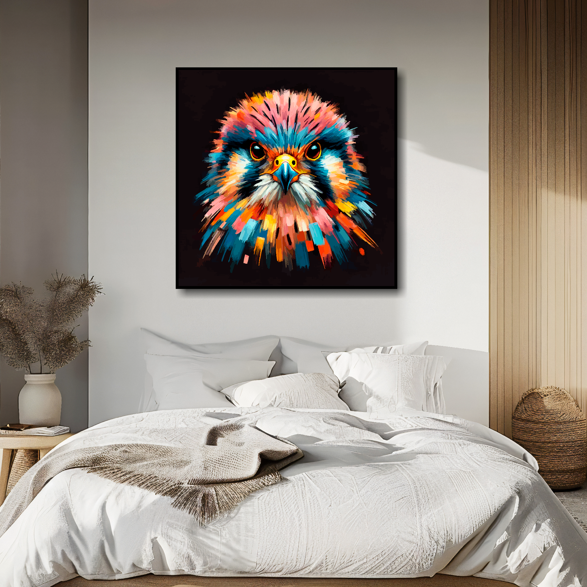 Large canvas wall art - A vibrant multi-coloured head portrait of a Kestral. Available in 3 large sizes.