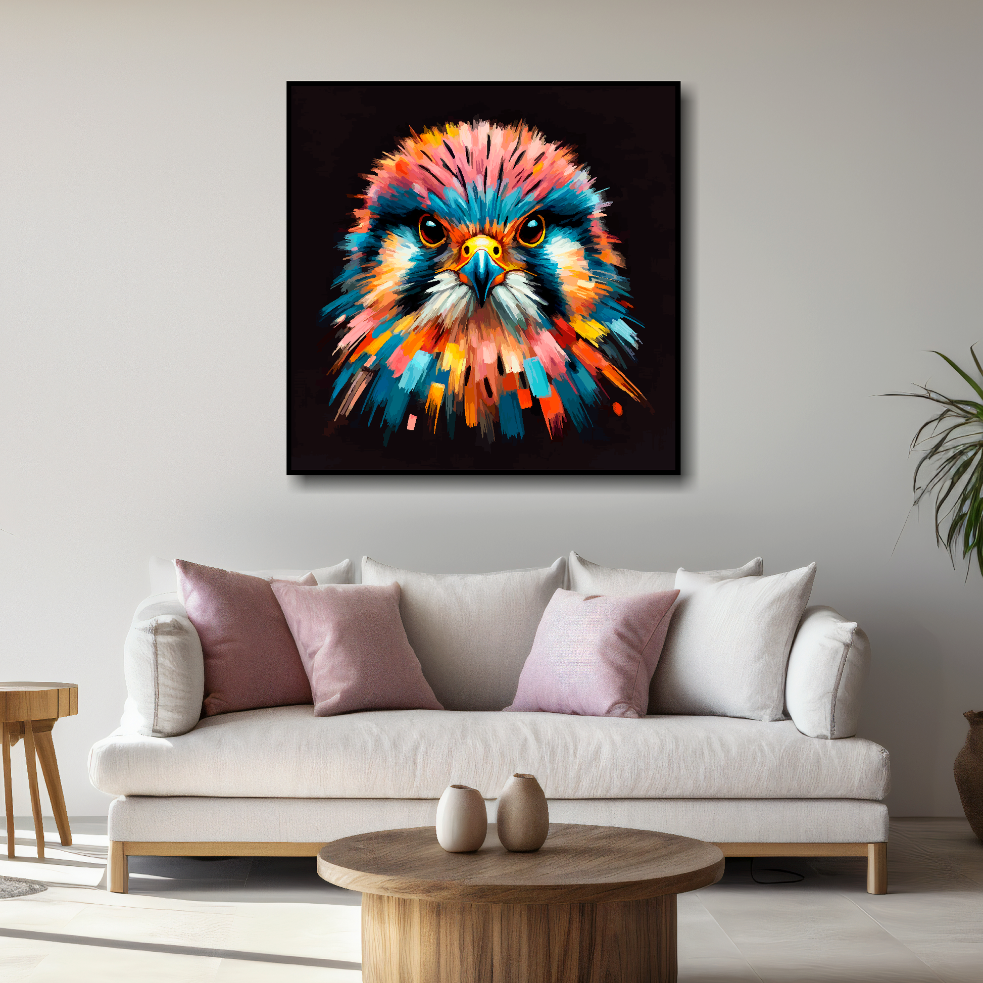Large canvas wall art - A vibrant multi-coloured head portrait of a Kestral. Available in 3 large sizes.