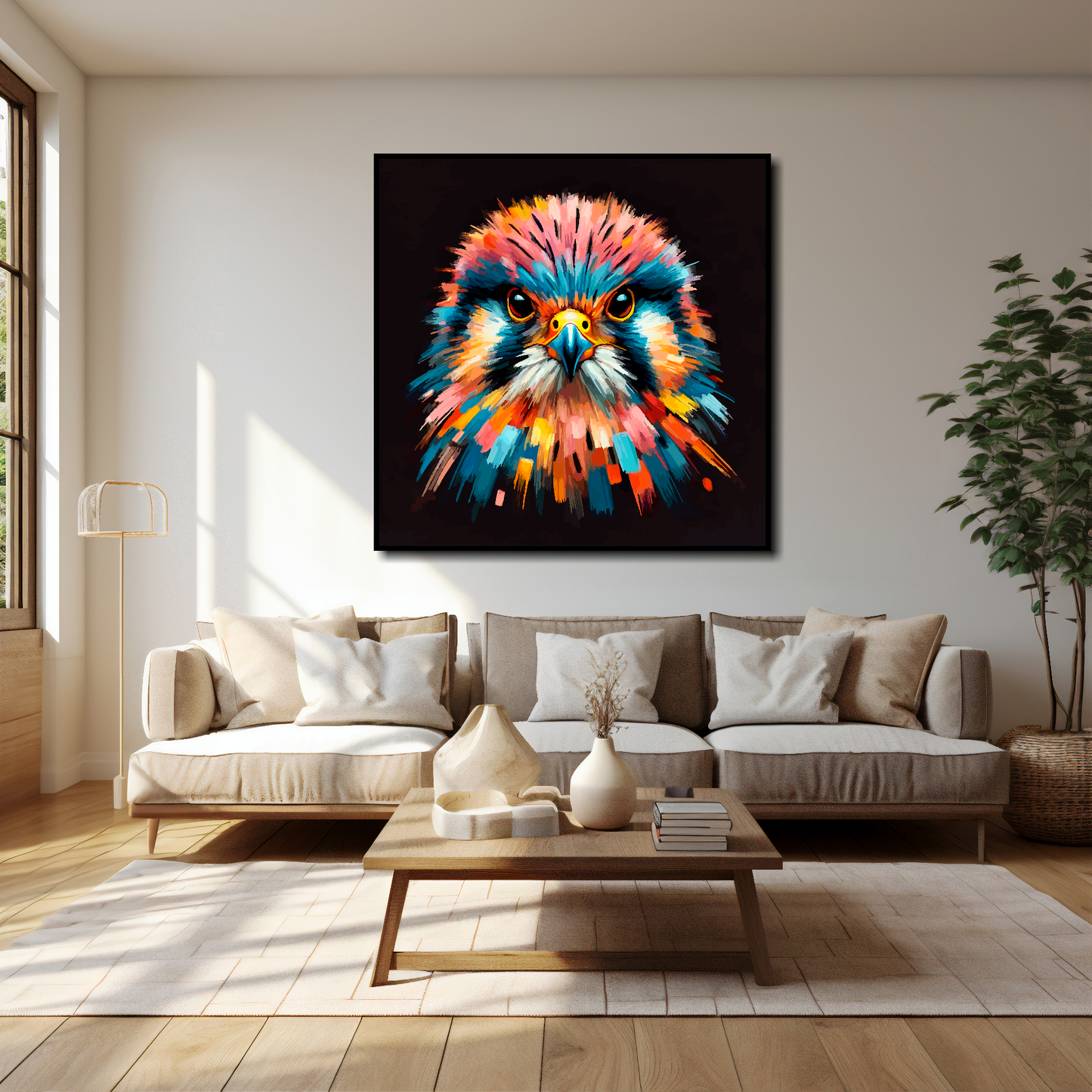 40 inch by 40 inch square canvas of a colourful Kestrel portrait on a black background. Mounted on a white wall above a cream sofa with decorative pillows.