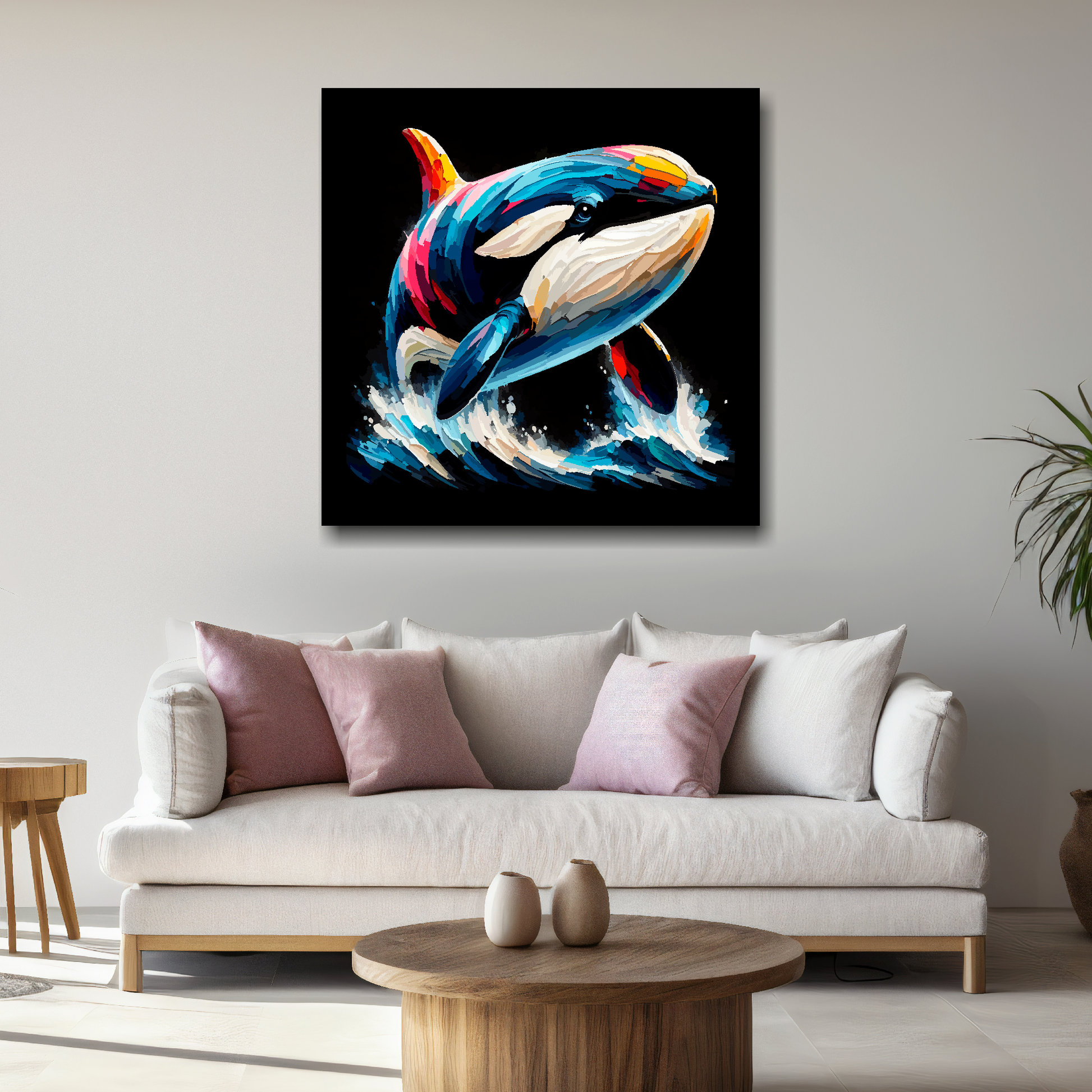 Large canvas wall art - A multi-coloured abstract portrait of a Killer Whale. Available in 3 large sizes.