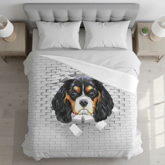 Cavalier King Charles Spaniel blanket on bed - ultra-soft fleece throw 150cm x 150cm