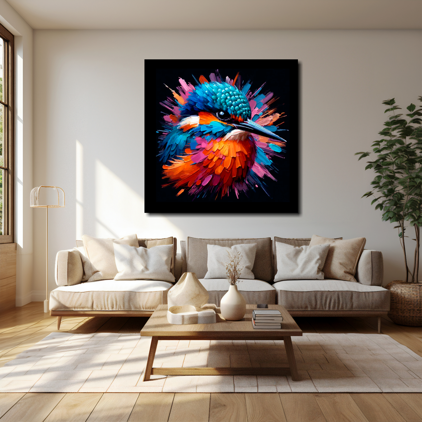 40 inch by 40 inch square canvas of a colourful Kingfisher portrait on a black background. Mounted on a white wall above a cream sofa with decorative pillows.