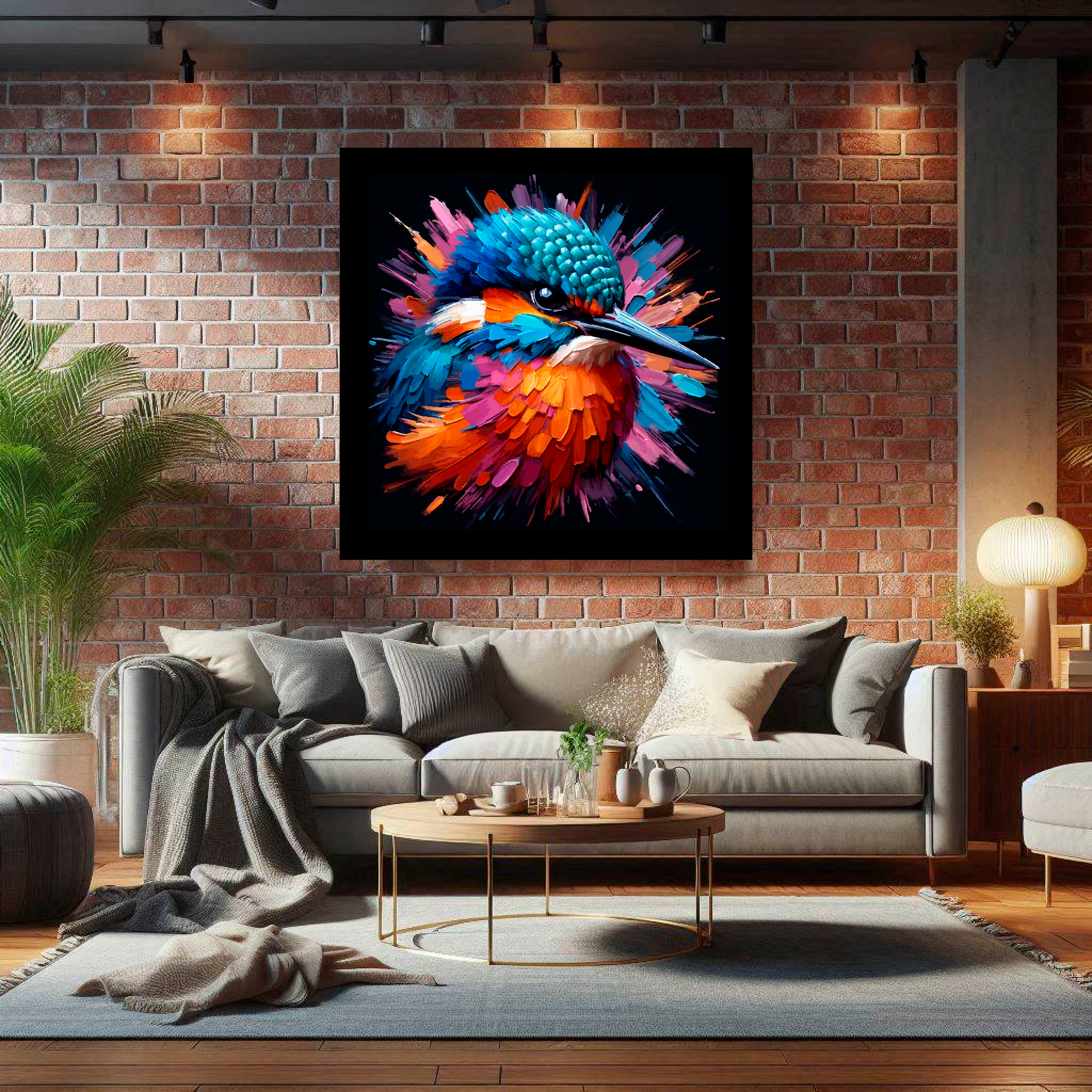 Large canvas wall art - A vibrant multi-coloured head portrait of a Kingfisher. Available in 3 large sizes.