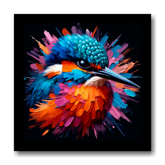Large canvas wall art - A vibrant multi-coloured head portrait of a Kingfisher. Available in 3 large sizes.