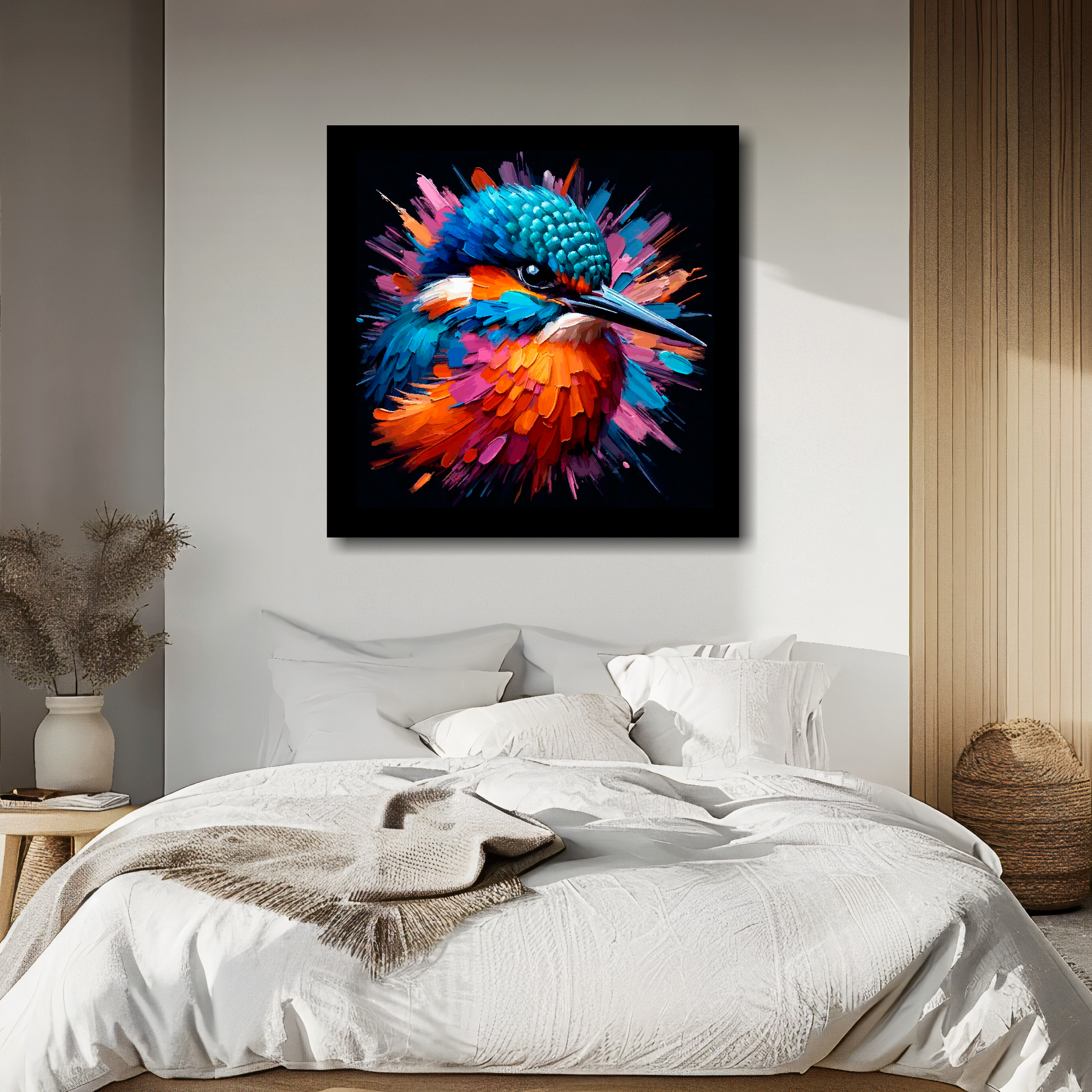Large canvas wall art - A vibrant multi-coloured head portrait of a Kingfisher. Available in 3 large sizes.
