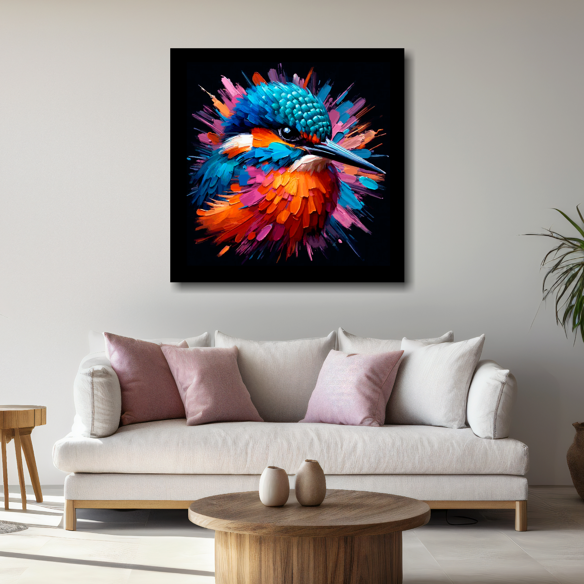 Large canvas wall art - A vibrant multi-coloured head portrait of a Kingfisher. Available in 3 large sizes.