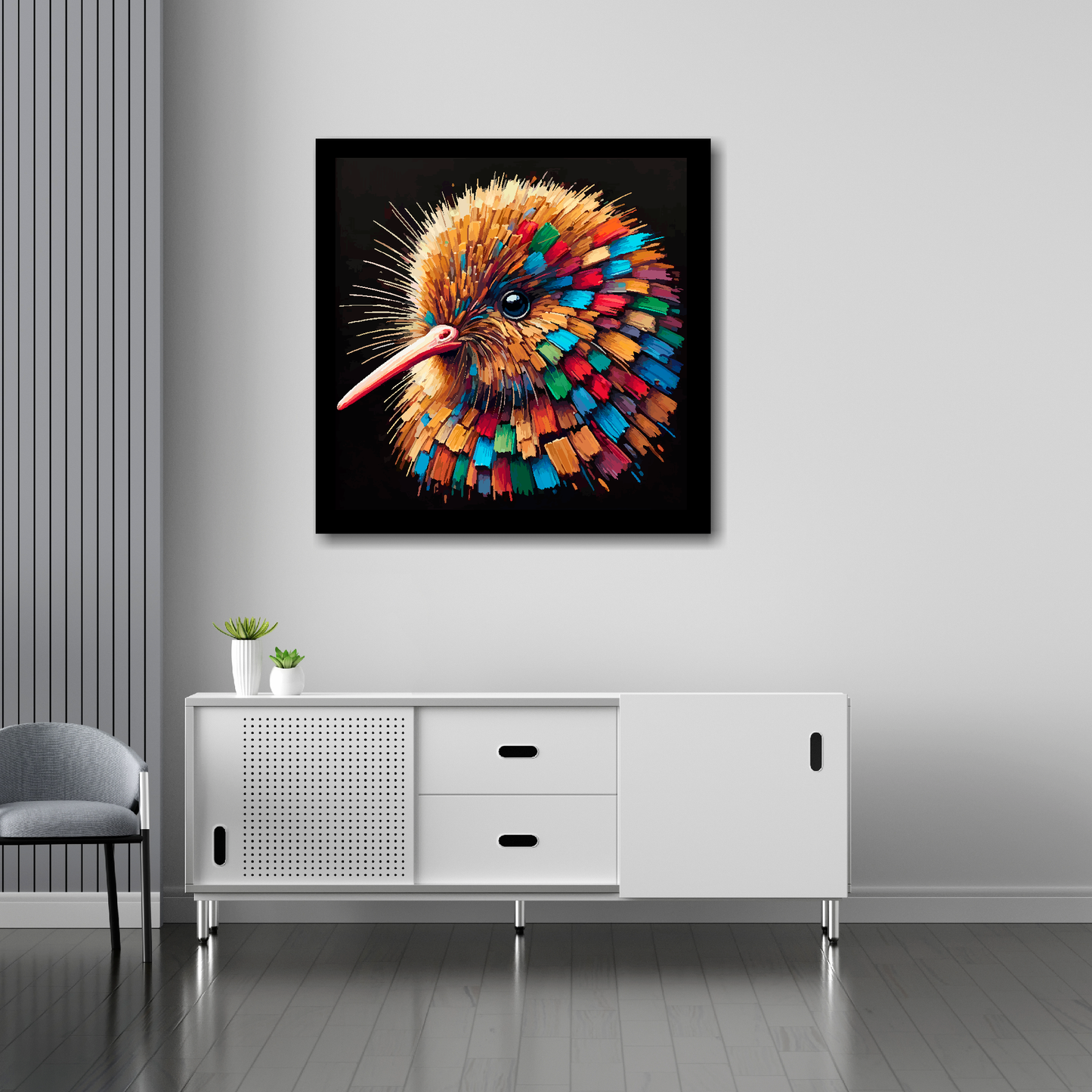 30 inch by 30 inch square canvas of a colourful Kiwi portrait on a black background. Mounted on a white wall above a white sideboard.