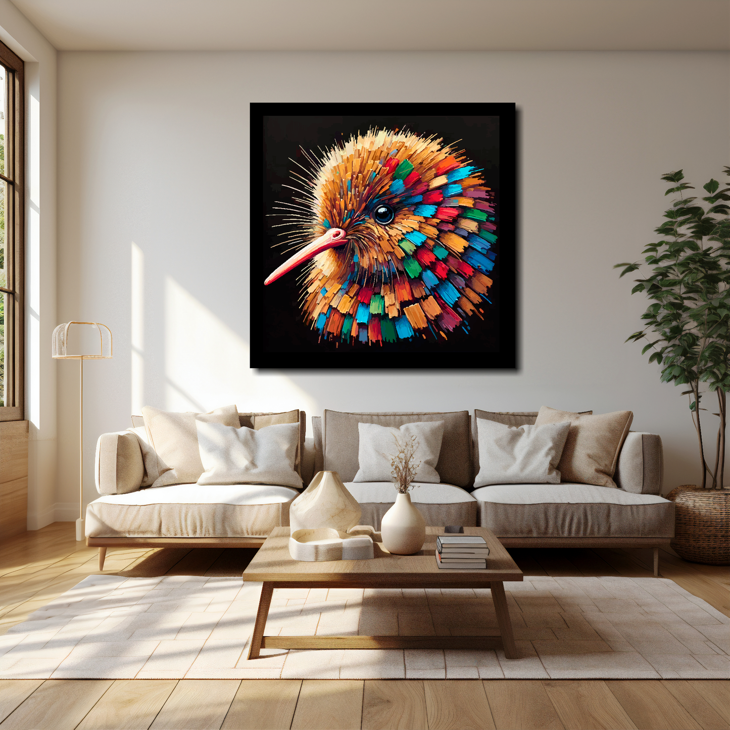 40 inch by 40 inch square canvas of a colourful Kiwi portrait on a black background. Mounted on a white wall above a cream sofa with decorative pillows.