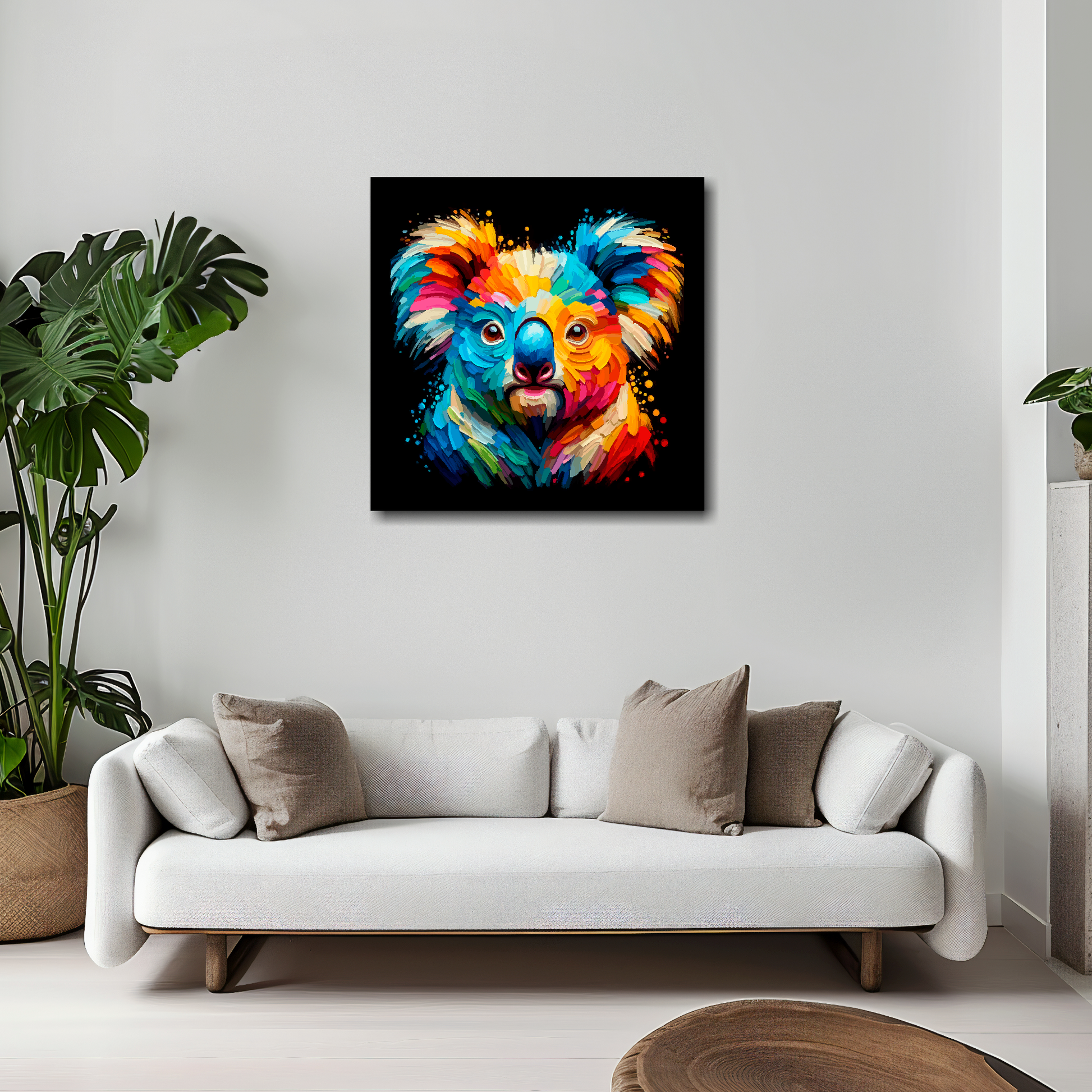 20 inch by 20 inch square canvas of a colouful Koala head portrait on a black background. Mounted on a white wall above a white sofa with decorative pillows.