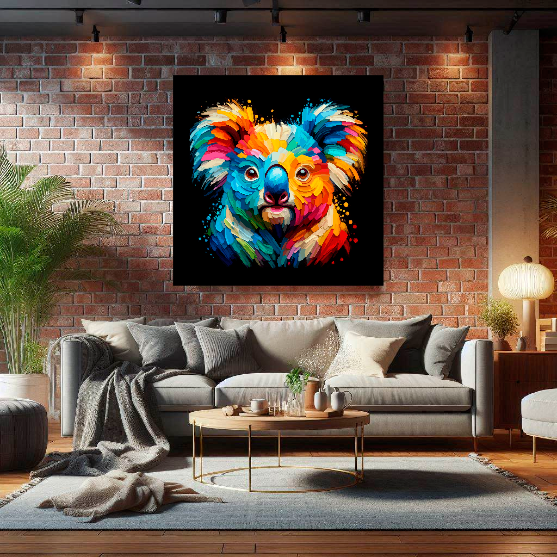 Large canvas wall art - A vibrant multi-coloured head portrait of a Koala Bear. Available in 3 large sizes.